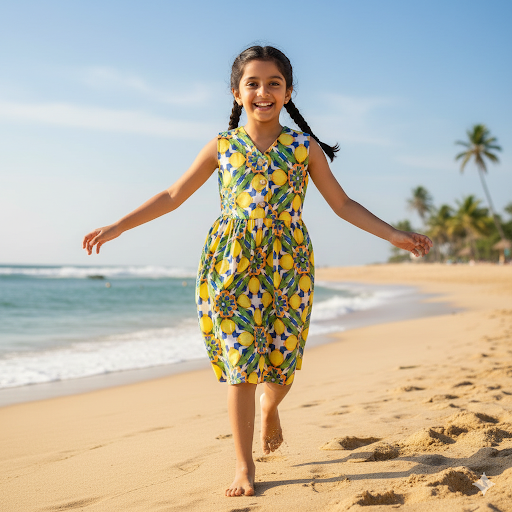 Amalfi Dress for girls up to 12 years, lemon print sleeveless summer beach dress with flared skirt and vibrant pattern