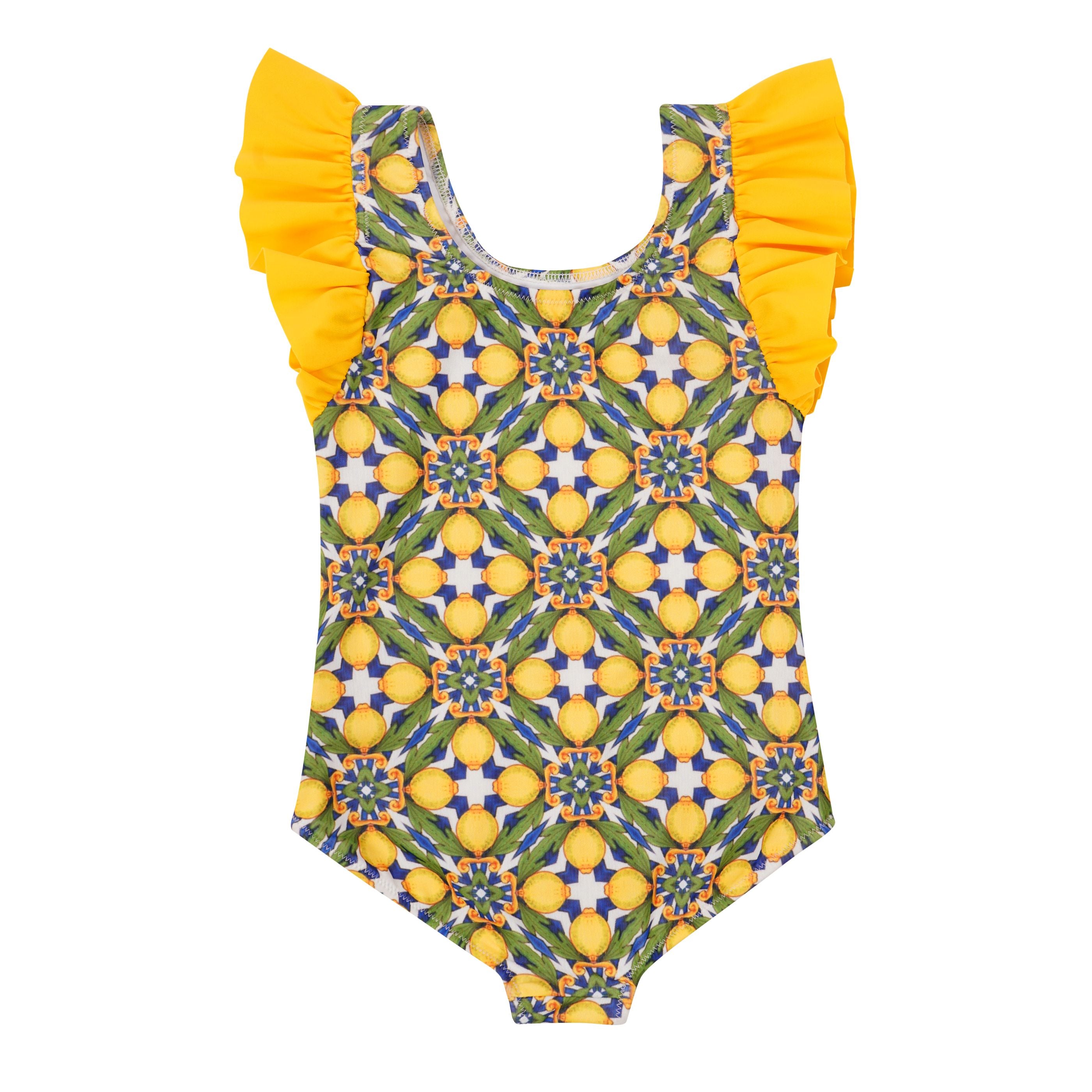 Designer, sustainable Amalfi girls swimsuit in lemon print, scooped neckline, ruffle sleeves, custom fit, plus sizes and matching family set. Ideal swimwear for beach and resort getaways.