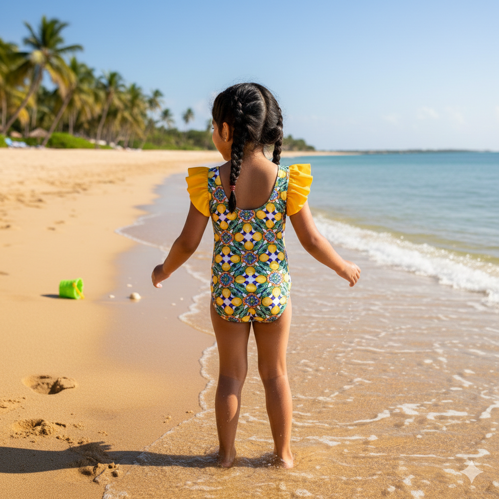 Amalfi girls one-piece swimsuit with lemon print and yellow ruffle sleeves, stylish swimwear for up to 12 years