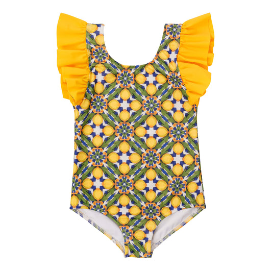 Amalfi girls one-piece swimsuit with lemon print and yellow ruffle sleeves, stylish swimwear for up to 12 years