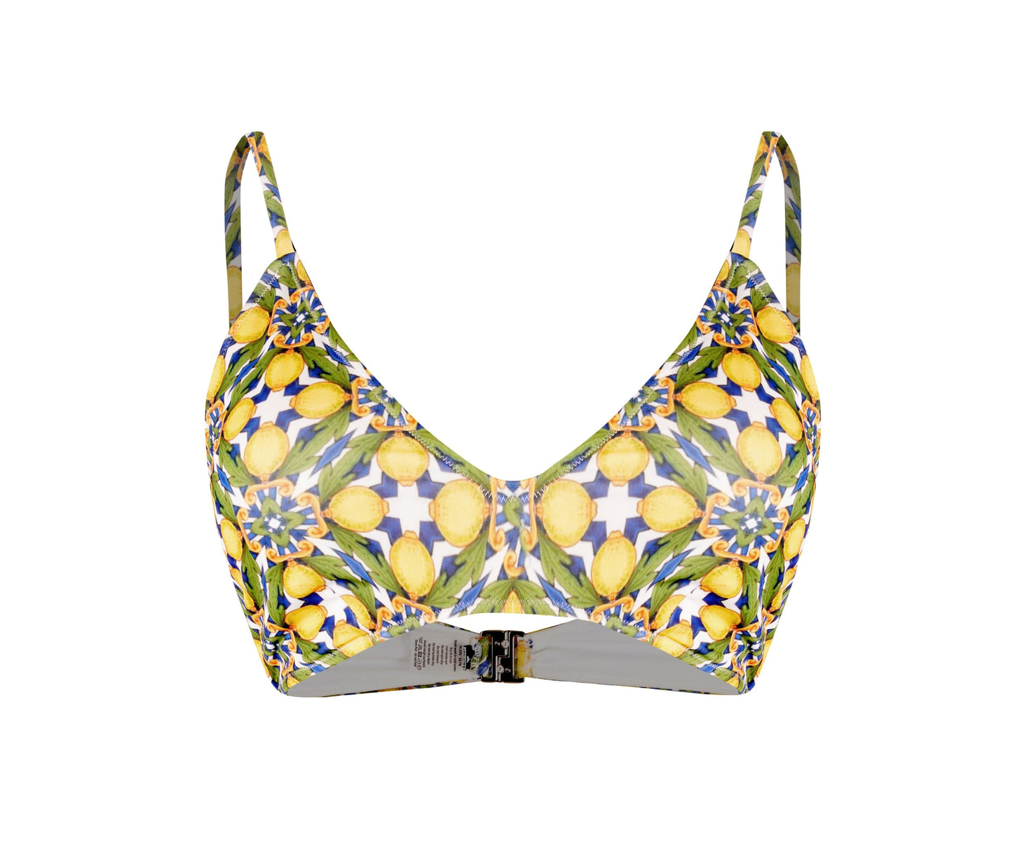 Amalfi Bikini lemon print V-neck top with Mediterranean tile pattern and adjustable straps, chic beach and resort swimwear
