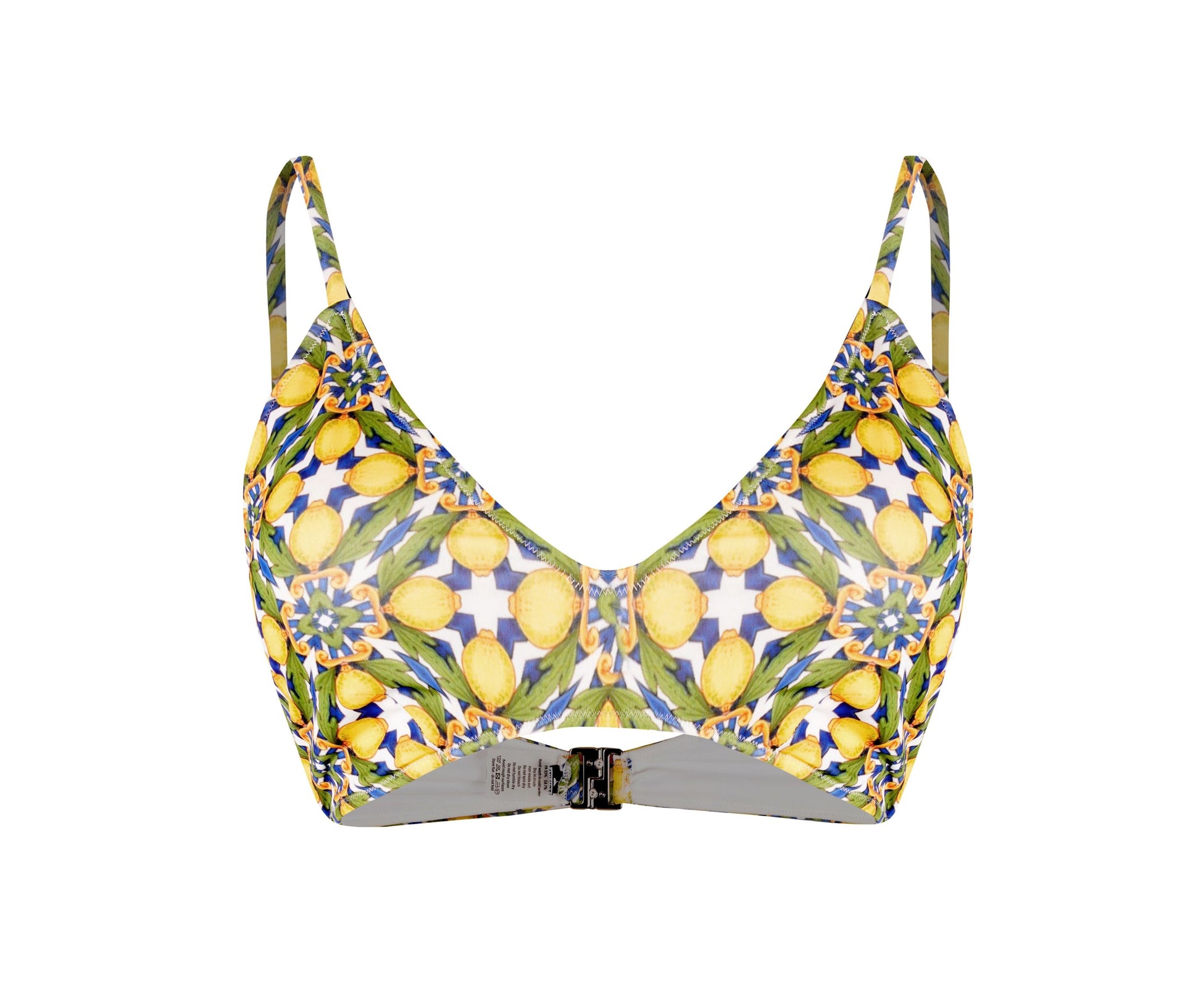 Amalfi Bikini lemon print V-neck top with Mediterranean tile pattern and adjustable straps, chic beach and resort swimwear