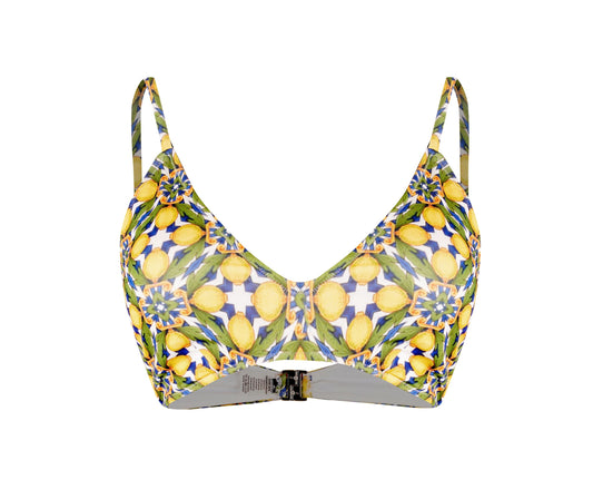 Amalfi Bikini lemon print V-neck top with Mediterranean tile pattern and adjustable straps, chic beach and resort swimwear