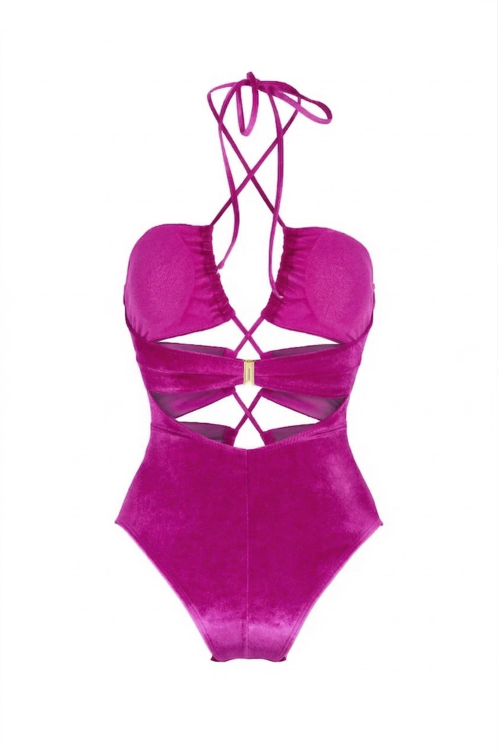 Designer, high-waist Ares monokini swimsuit for women in blue and purple quick-dry velvet fabric, cut-outs, removable cups, adjustable straps, halter neck tie and plus sizes. Stylish swimwear for sexy beach looks.