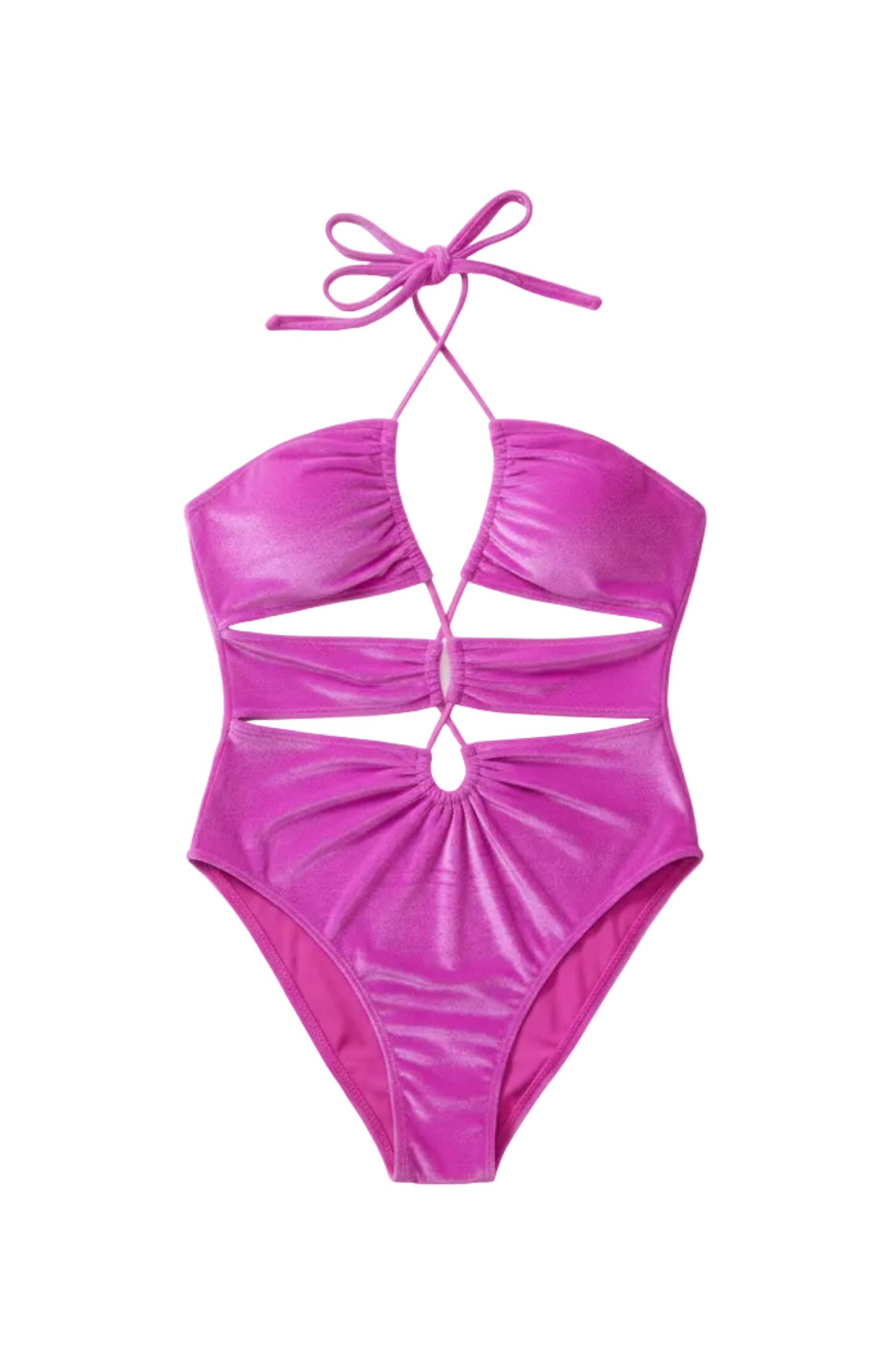 Designer, high-waist Ares monokini swimsuit for women in blue and purple quick-dry velvet fabric, cut-outs, removable cups, adjustable straps, halter neck tie and plus sizes. Stylish swimwear for sexy beach looks.