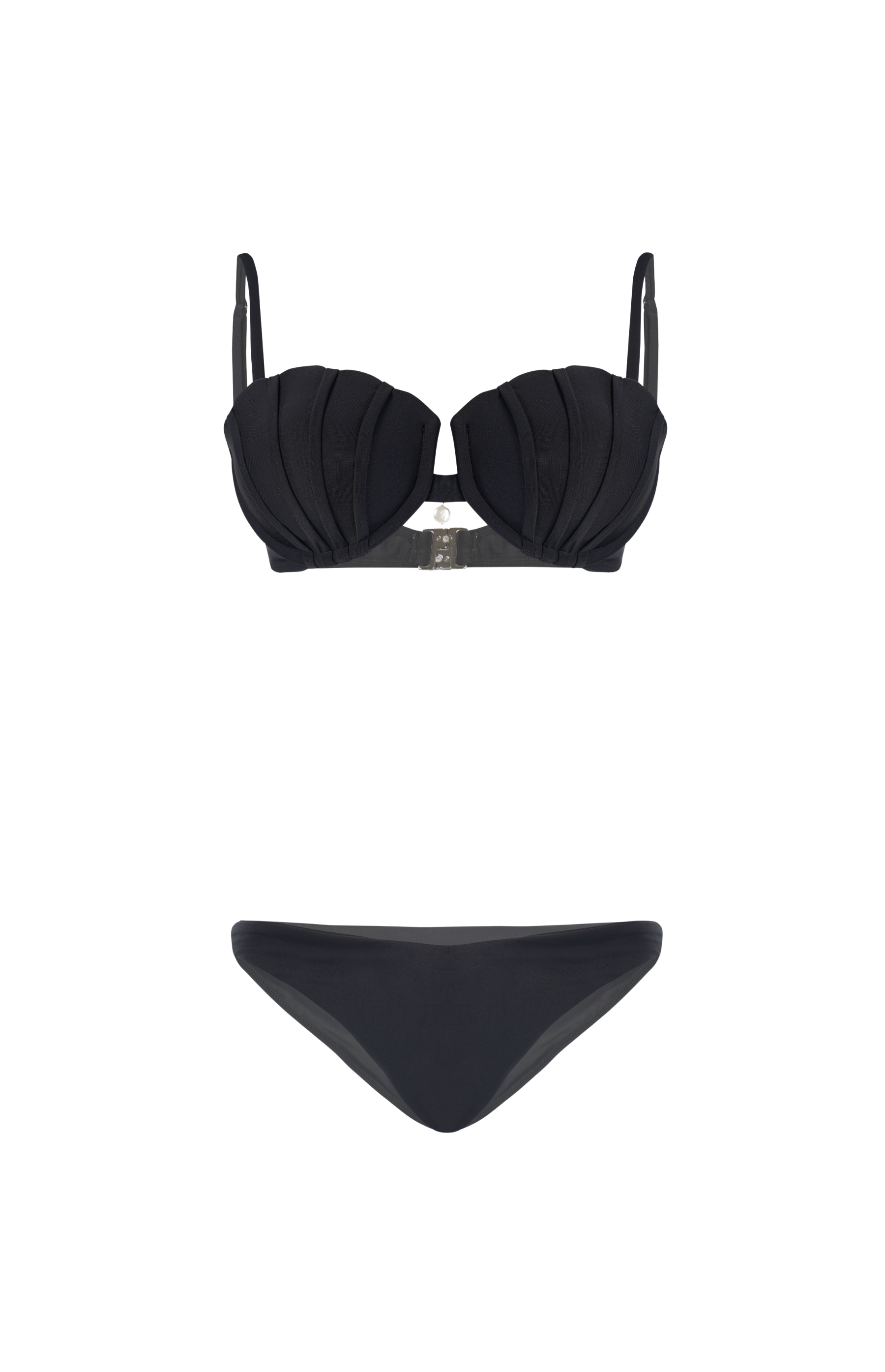 Designer Ariel Bikini Set for women in a shell shaped design, low-waist cheeky bottoms, underwire, removable cups, back clasp, adjustable straps, customized fit and plus sizes. Sexy swimwear for beachwear and resort wear looks.