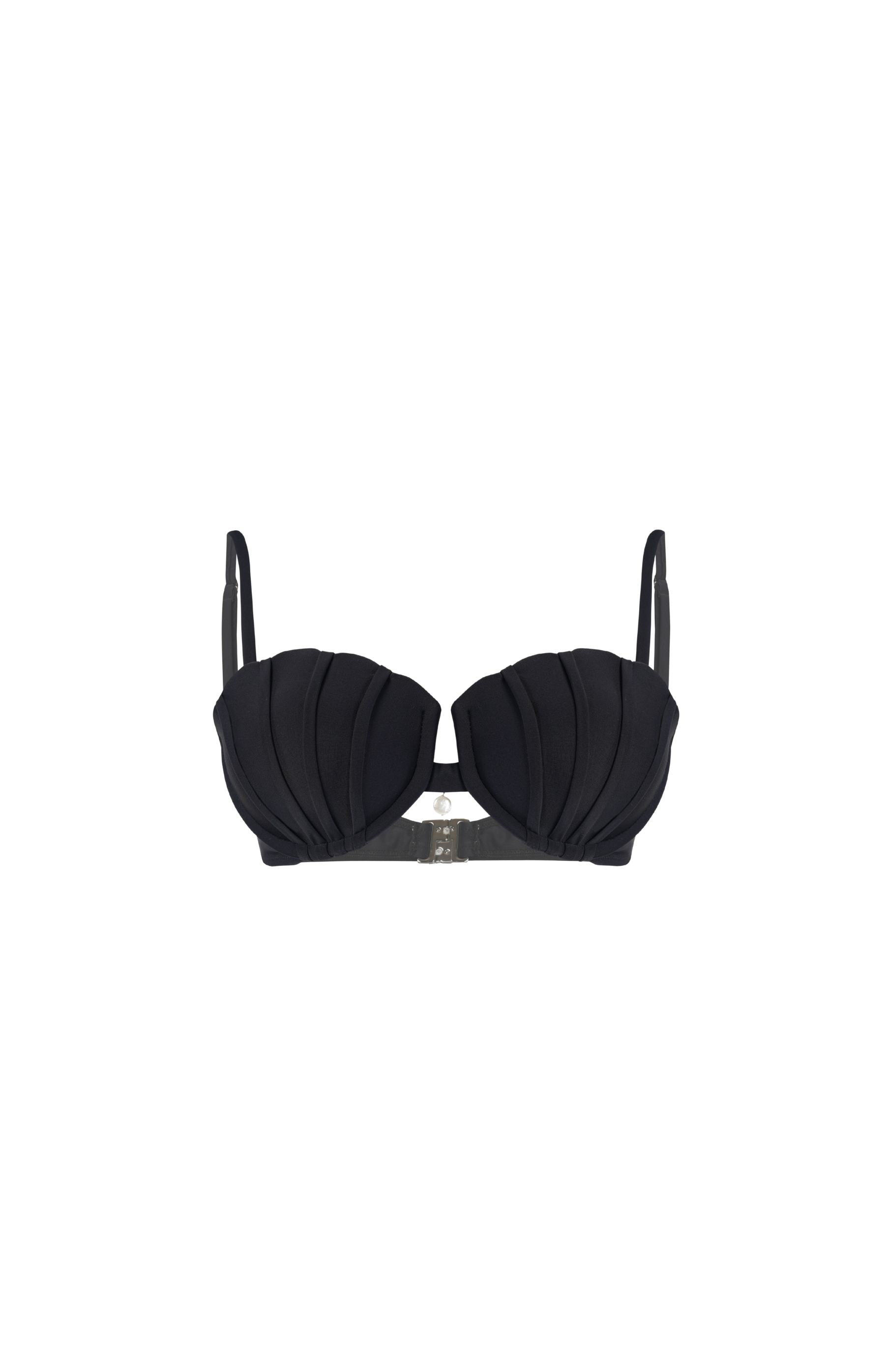 Designer Ariel Bikini Top in black and white in a scalloped shell shape, customized fit, back clasp, underwire, adjustable straps, removable cups and plus sizes. Stylish swimwear for sexy beachwear and resort wear looks.