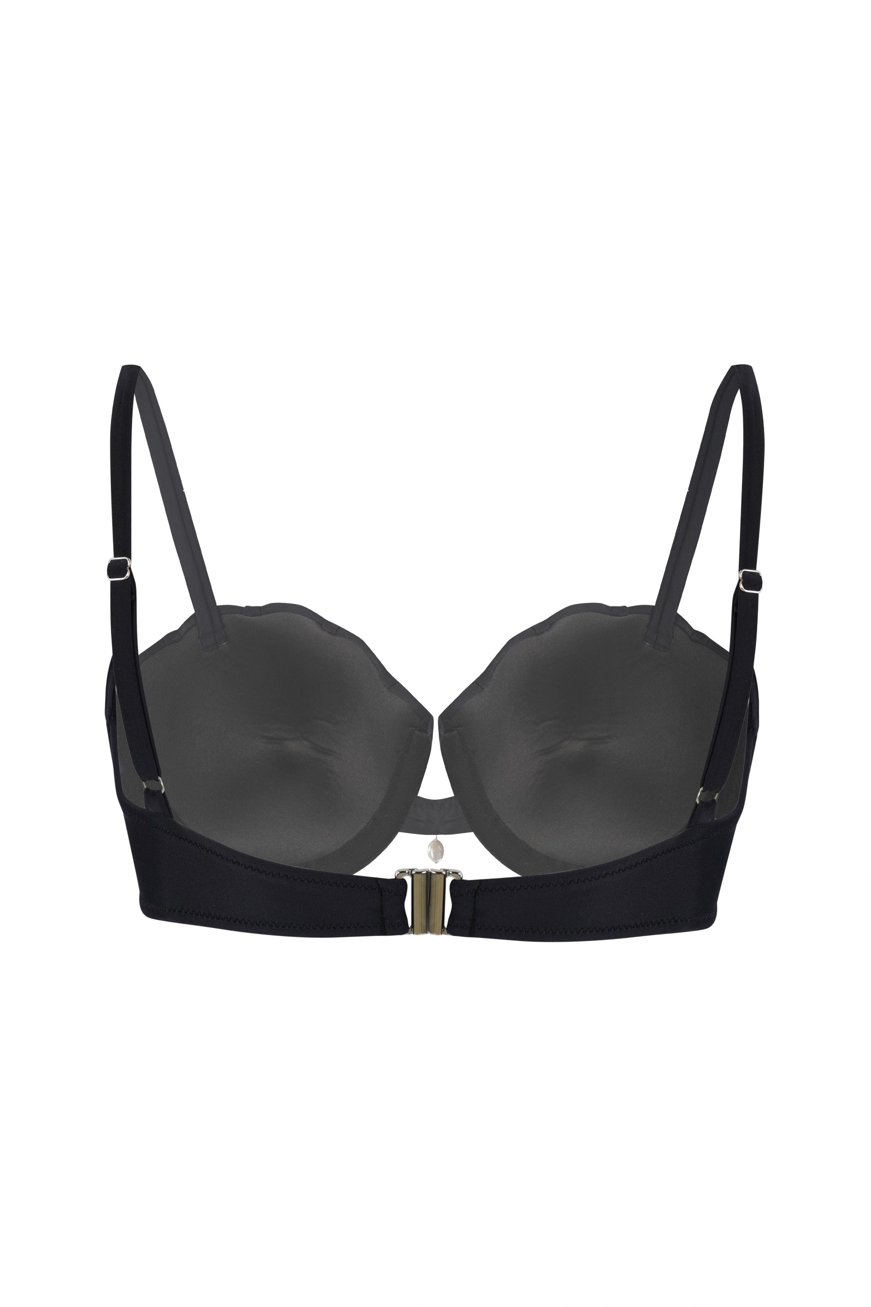 Designer Ariel Bikini Top in black and white in a scalloped shell shape, customized fit, back clasp, underwire, adjustable straps, removable cups and plus sizes. Stylish swimwear for sexy beachwear and resort wear looks.