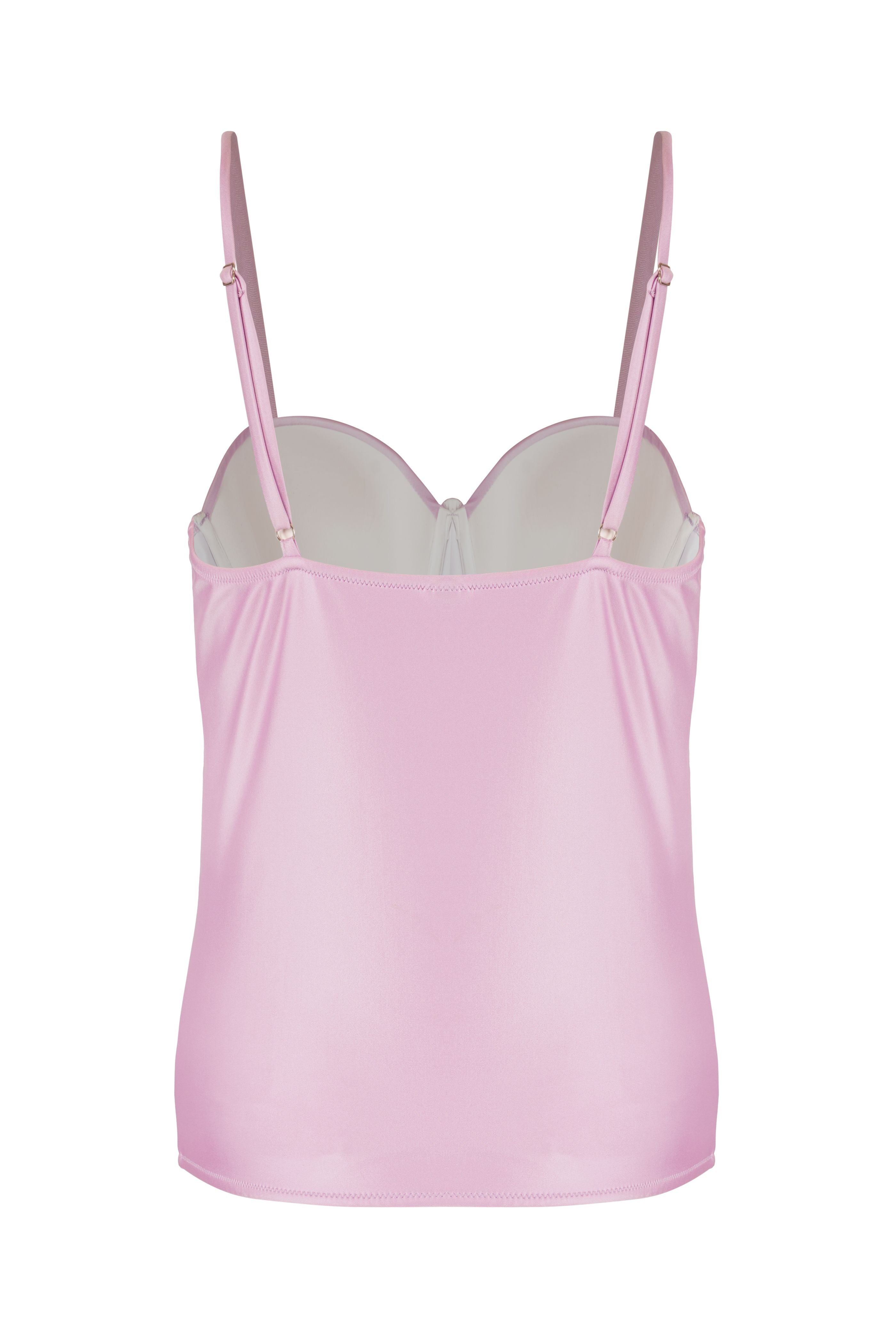 Designer, stylish Astra Tankini Bikini Top for women in grey and pink quick-dry fabric with underwire, ruched cups, adjustable straps, custom fit, UV protection & plus sizes.