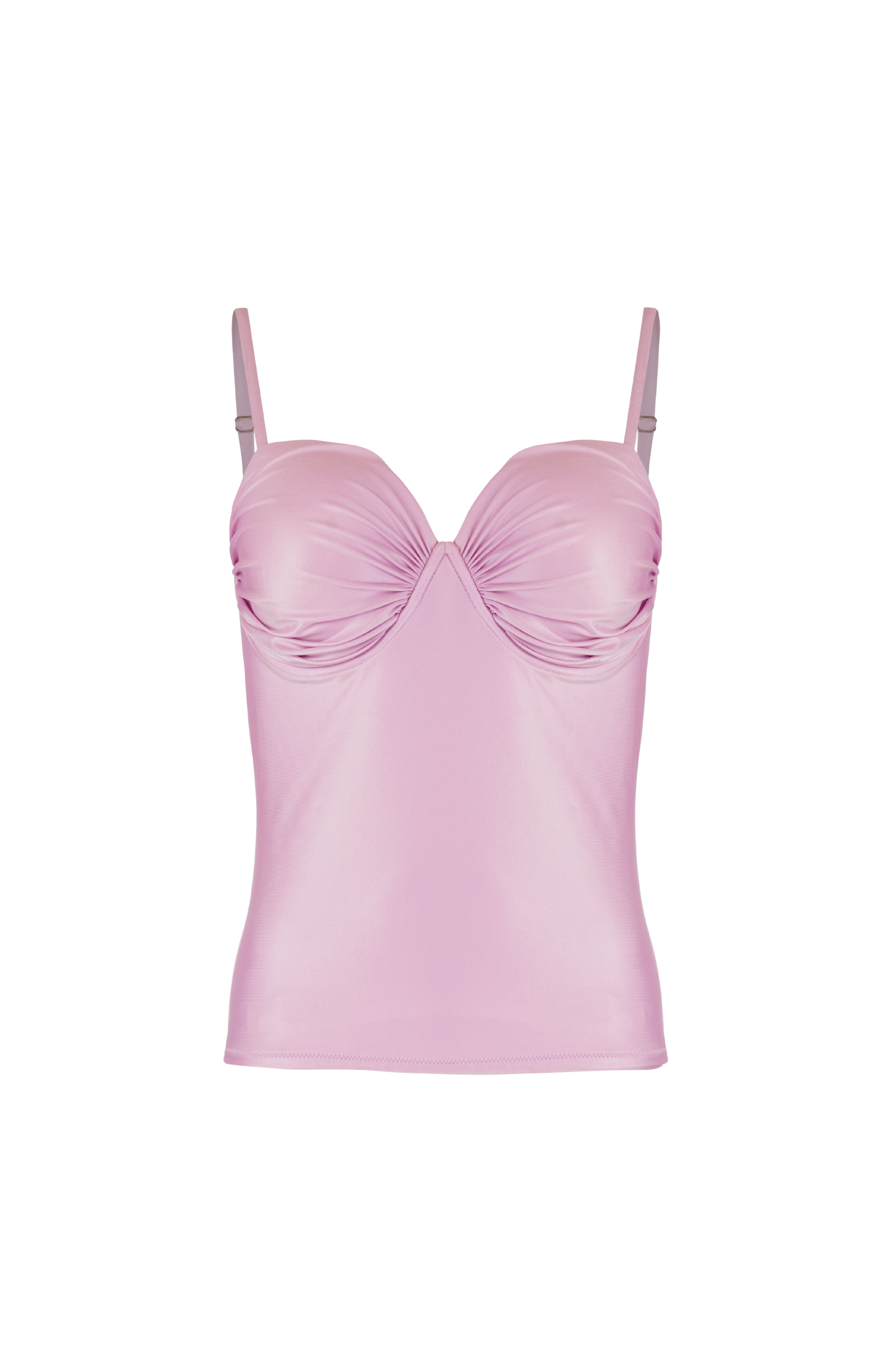 Designer, stylish Astra Tankini Bikini Top for women in grey and pink quick-dry fabric with underwire, ruched cups, adjustable straps, custom fit, UV protection & plus sizes.