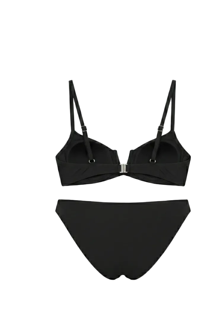 Designer Audrey Bikini Set for women in black with V wire, removable cups, low waist bottom with cheeky coverage and plus sizes. Stylish swimwear for sexy summer looks.