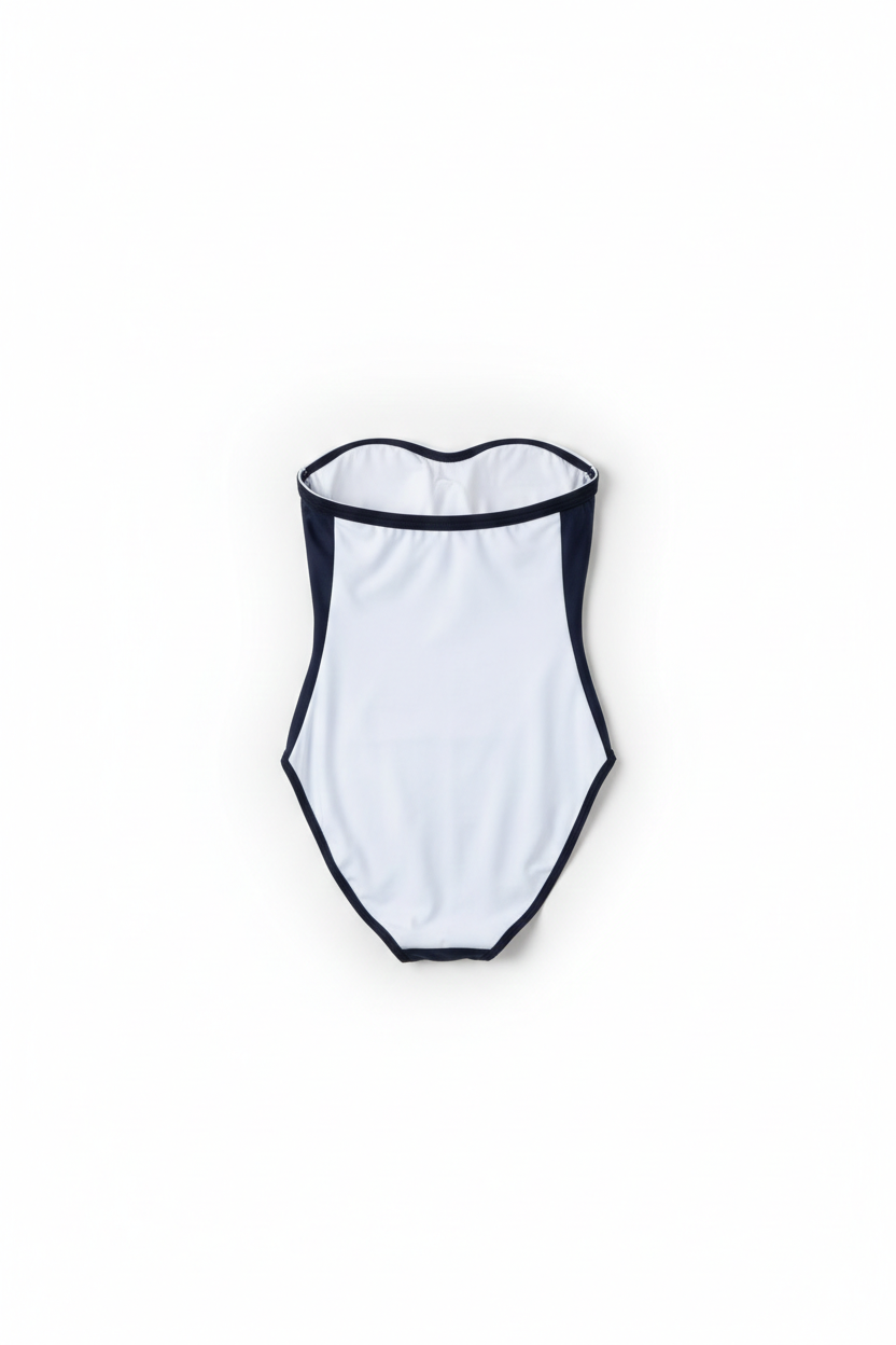 Designer, strapless Audrey monokini  swimsuit for women in white with removable cups, adjustable straps and plus sizes. Stylish one-piece swimsuit designed for sexy summer looks.