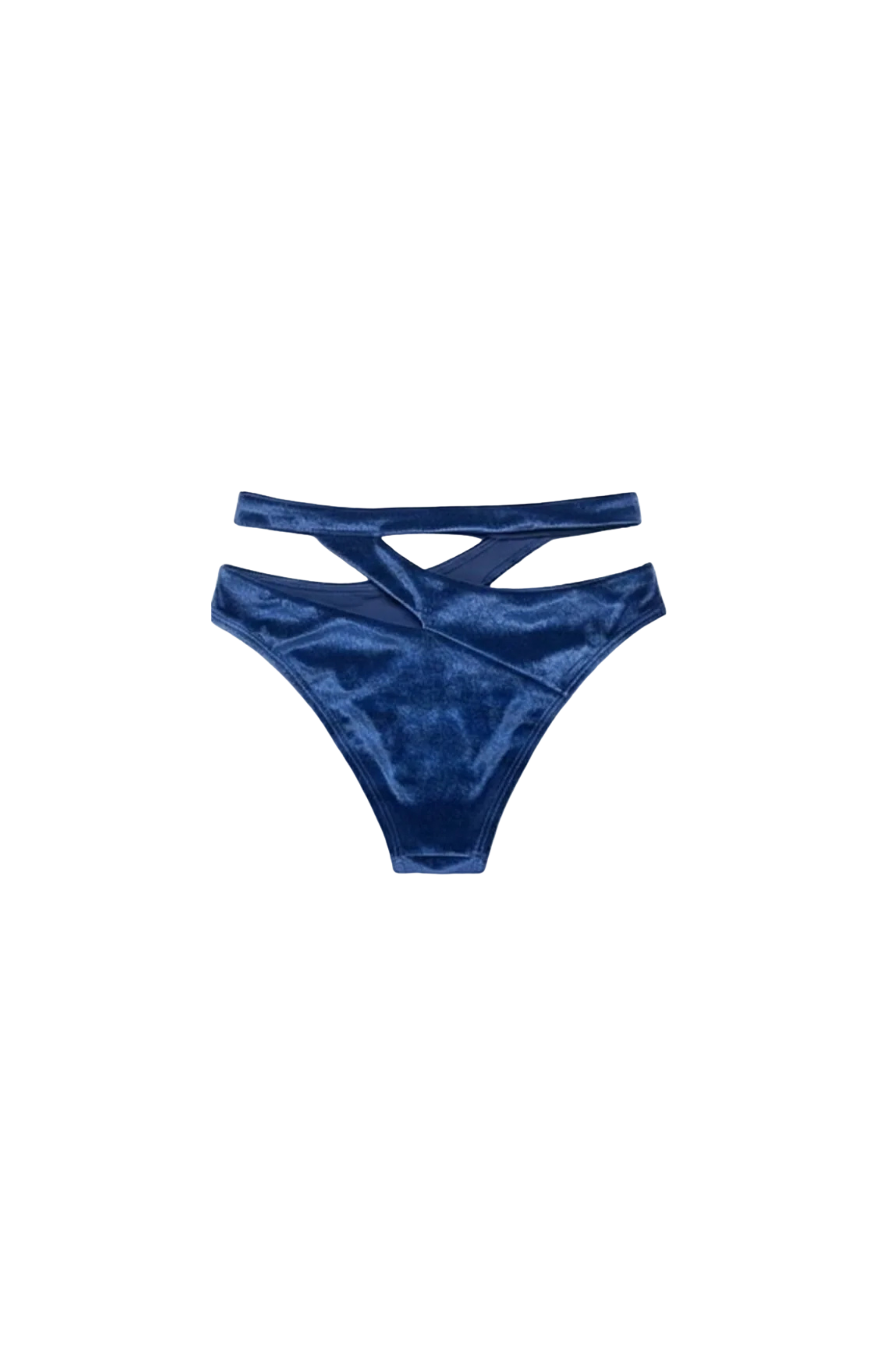 Designer Aurora bikini bottom for women in blue quick-dry velvet fabric, high-waist customized fit, cut out design & plus sizes. Perfect swimwear for beach days and resort wear