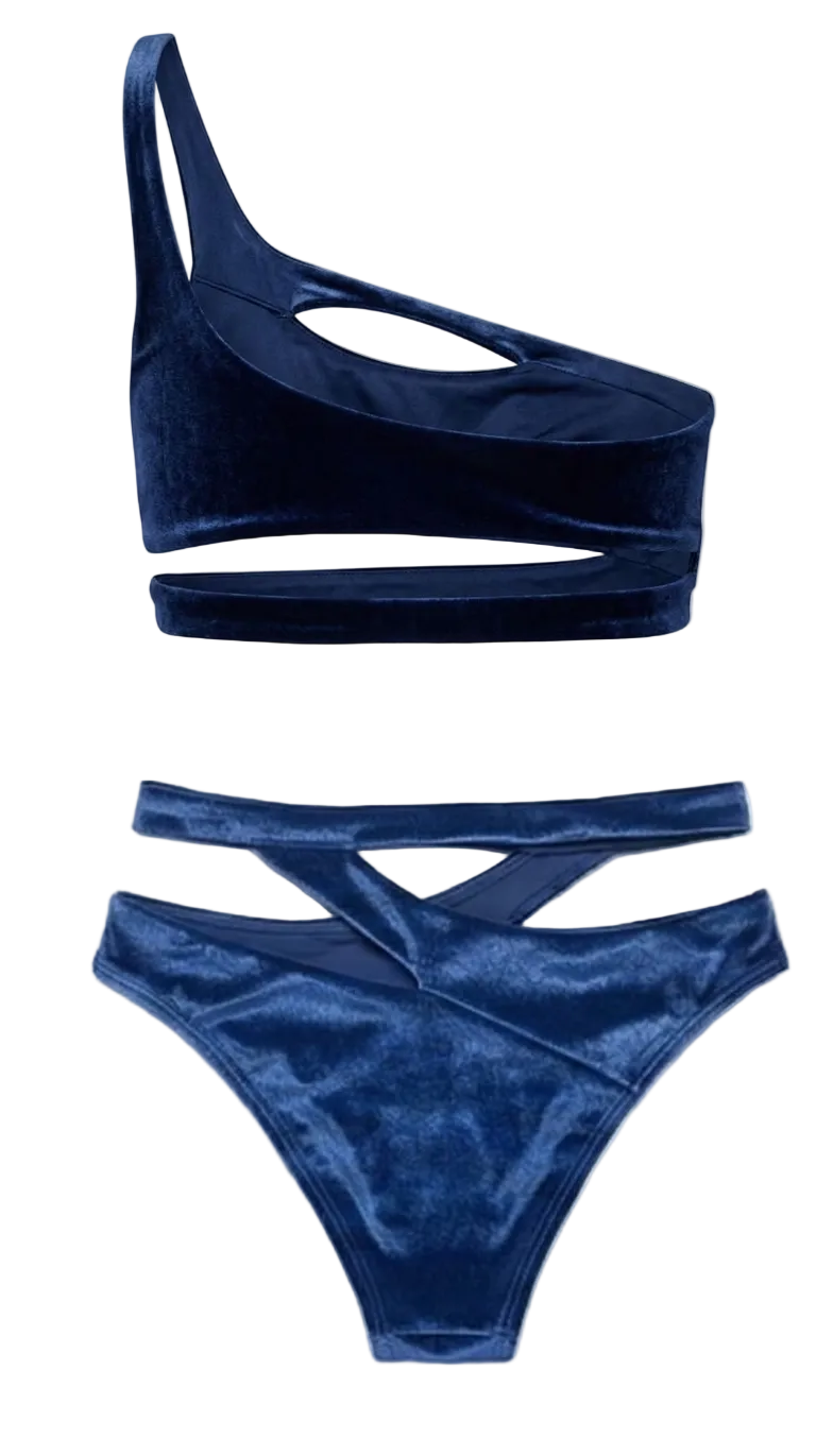 Designer, Aurora one-shoulder bikini Set for women in quick-dry blue velvet fabric, removable cups, cut-out design, high waist bottom, UV protection and plus sizes. Sexy swimwear for beach and resort vacation looks.