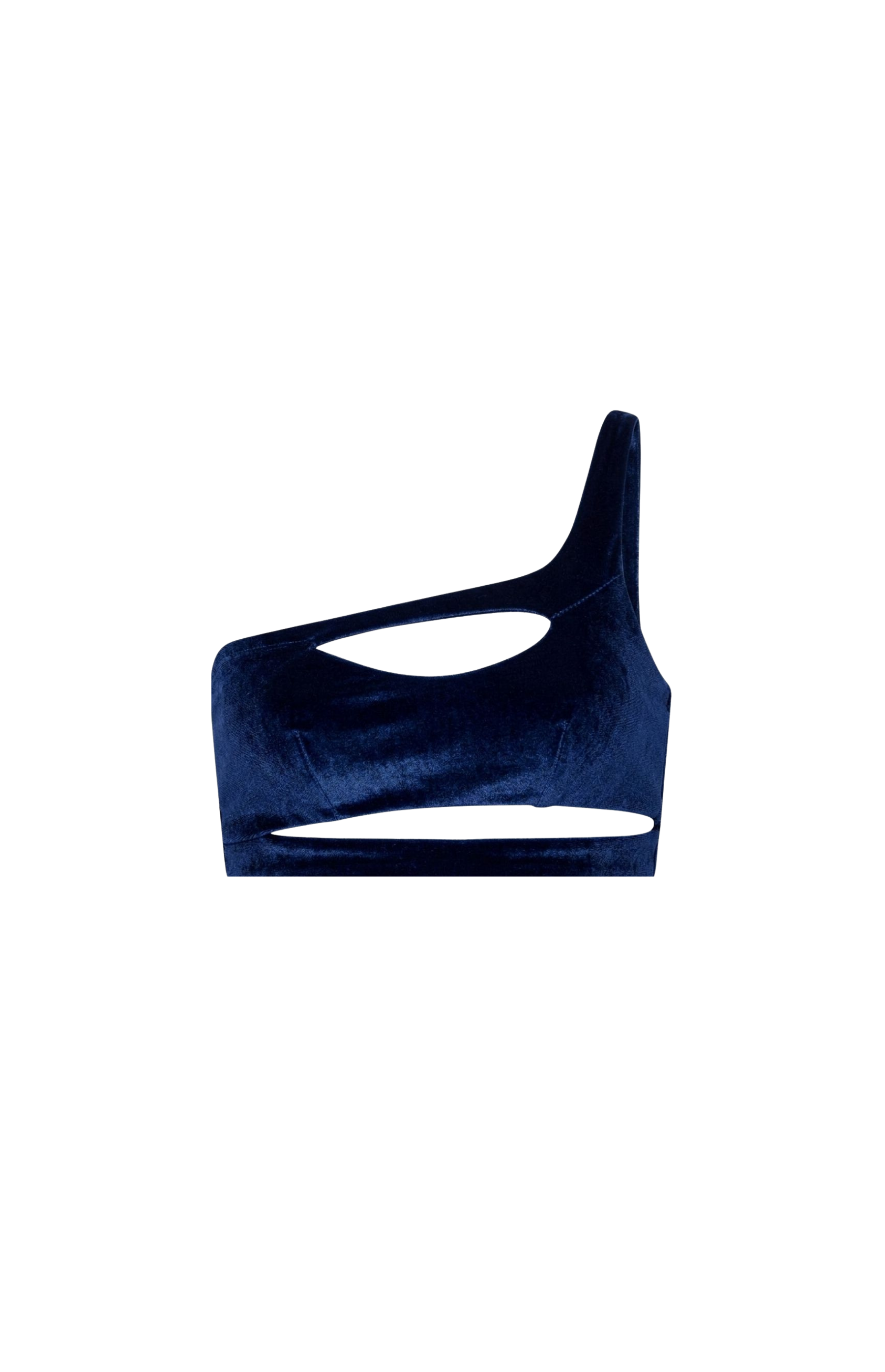 Designer, blue Aurora one-shoulder bikini top for women in quick-dry velvet fabric, with removable cups, cut out design, UV protection and plus sizes. Perfect swimwear for beach days and resort wear.