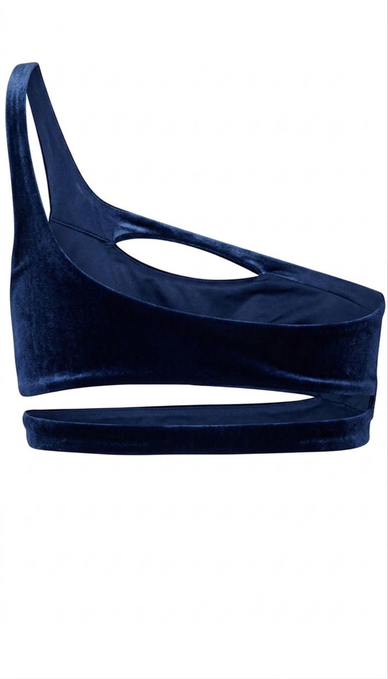 Designer, blue Aurora one-shoulder bikini top for women in quick-dry velvet fabric, with removable cups, cut out design, UV protection and plus sizes. Perfect swimwear for beach days and resort wear.