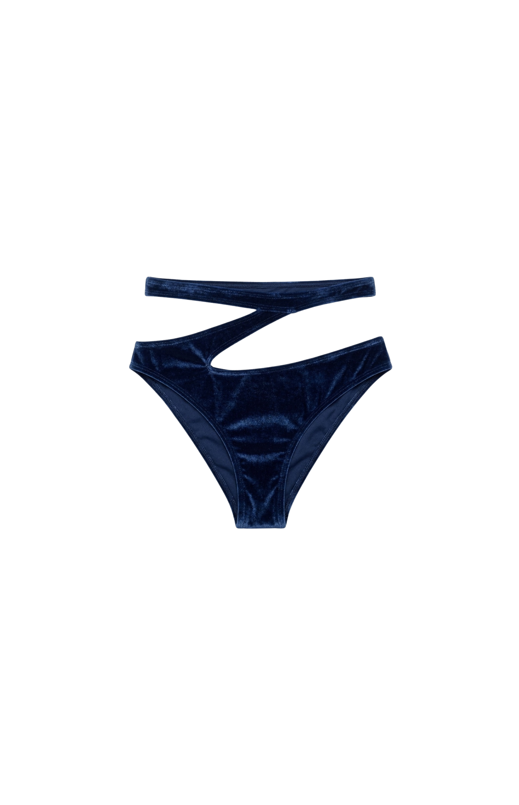 Designer Aurora bikini bottom for women in blue quick-dry velvet fabric, high-waist customized fit, cut out design & plus sizes. Perfect swimwear for beach days and resort wear