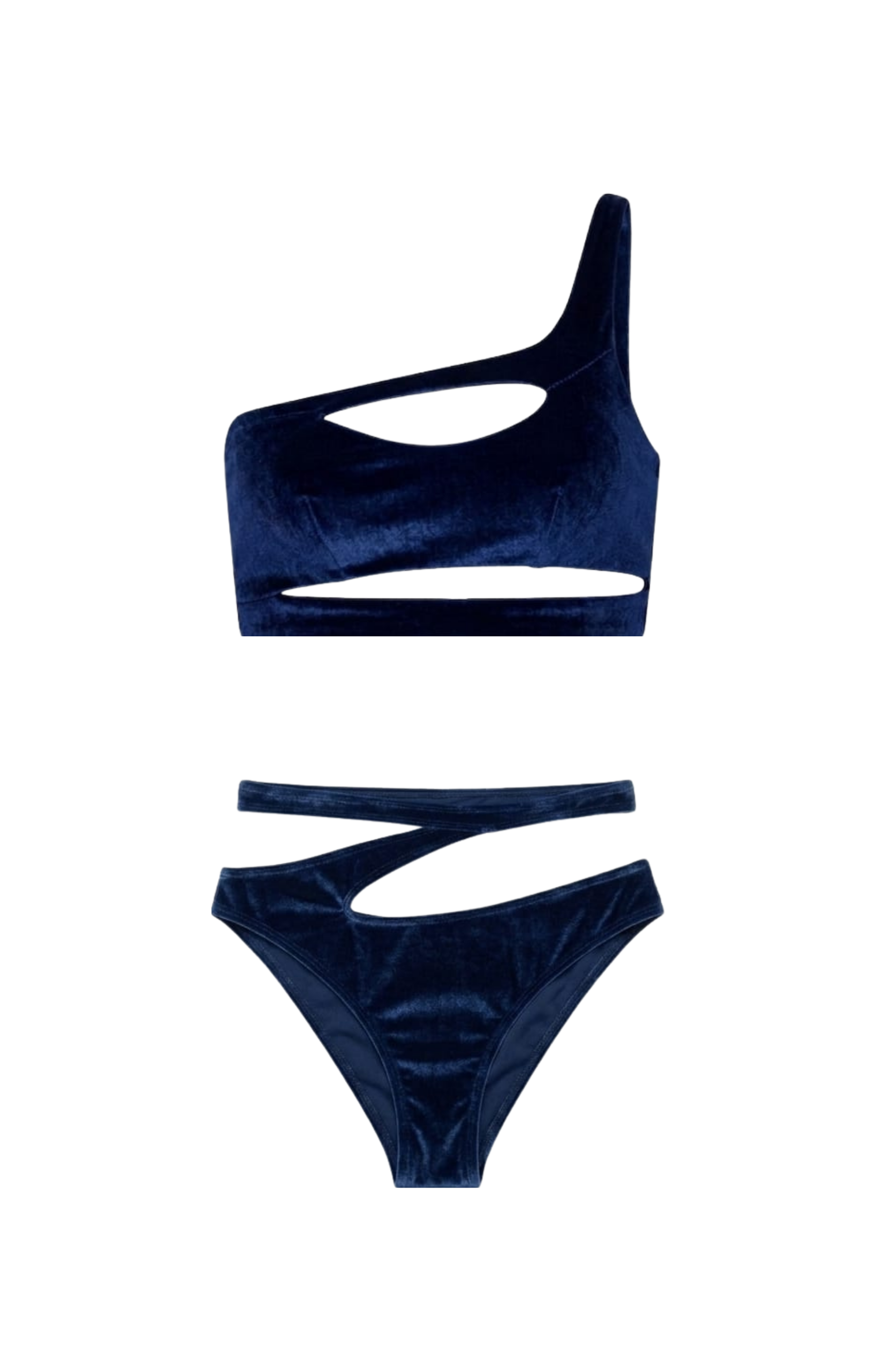 Designer, Aurora one-shoulder bikini Set for women in quick-dry blue velvet fabric, removable cups, cut-out design, high waist bottom, UV protection and plus sizes. Sexy swimwear for beach and resort vacation looks.