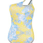 Begarmo monokini for women in yellow and blue print, elegant designer beachwear one piece for stylish summer resort wear