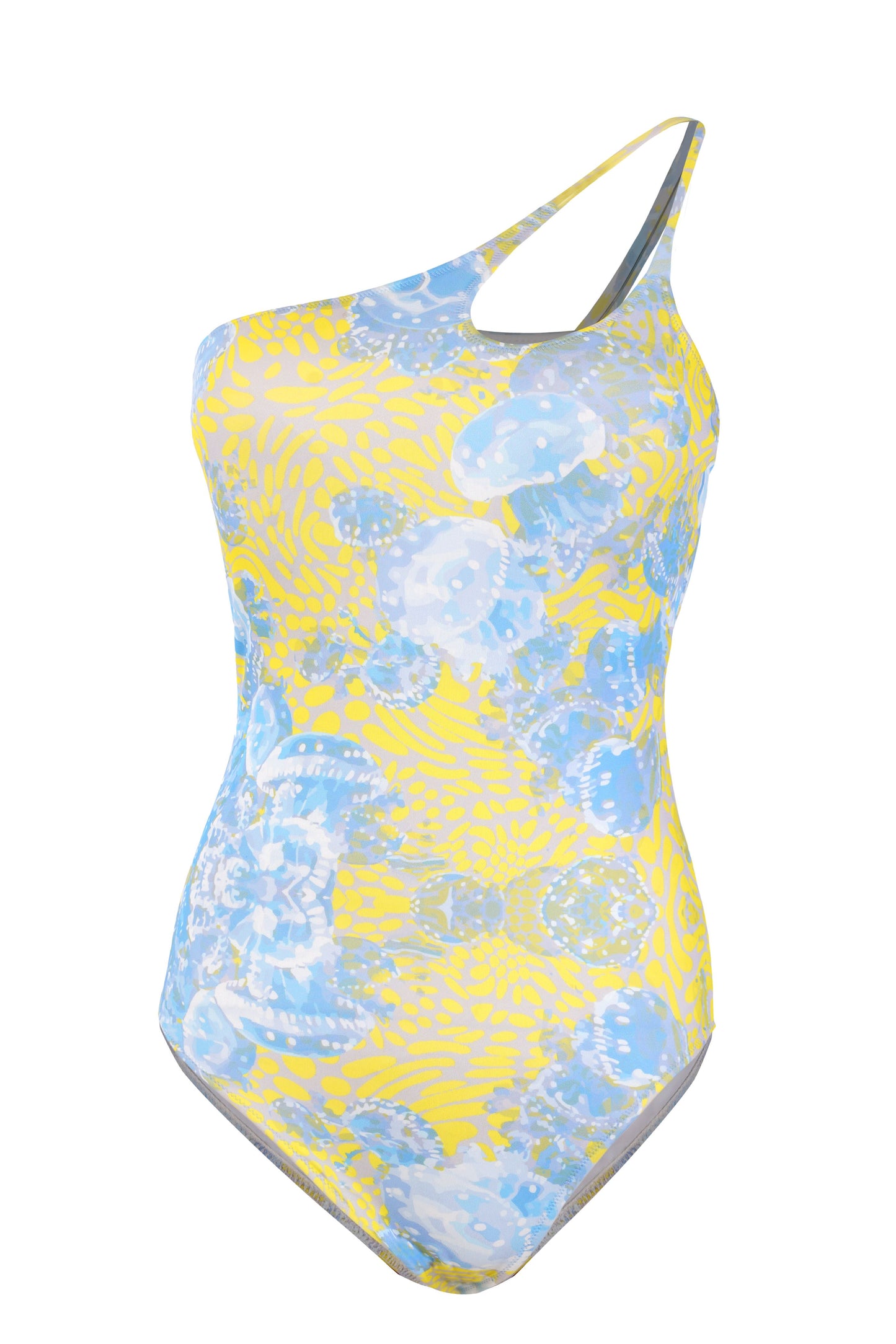 Begarmo monokini for women in yellow and blue print, elegant designer beachwear one piece for stylish summer resort wear
