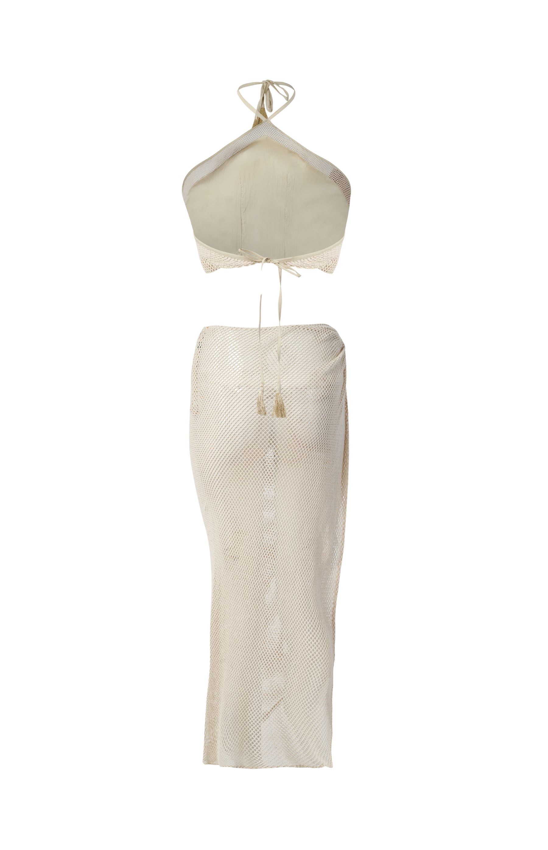 Designer Bare Sand Co-ord set for women in mesh fabric, with a halter necktie and a maxi skirt with a high side slit. Stylish beach cover up dress.