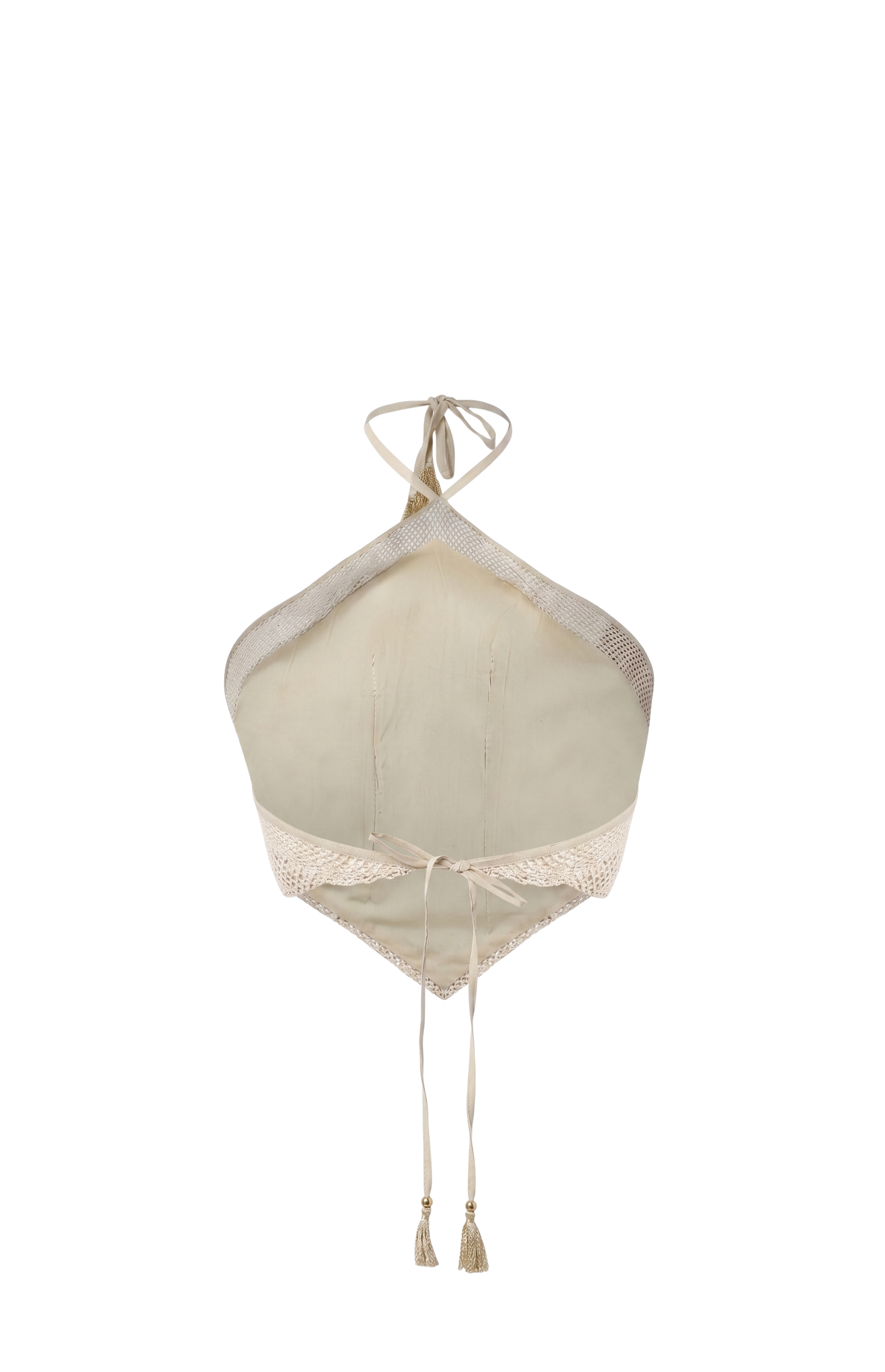 Designer Bare Sand Halter Top for women in mesh fabric, with a halter neck adjustable tie and an open back. 