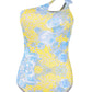 Begarmo monokini for women in yellow and blue print, elegant designer beachwear one piece for stylish summer resort wear