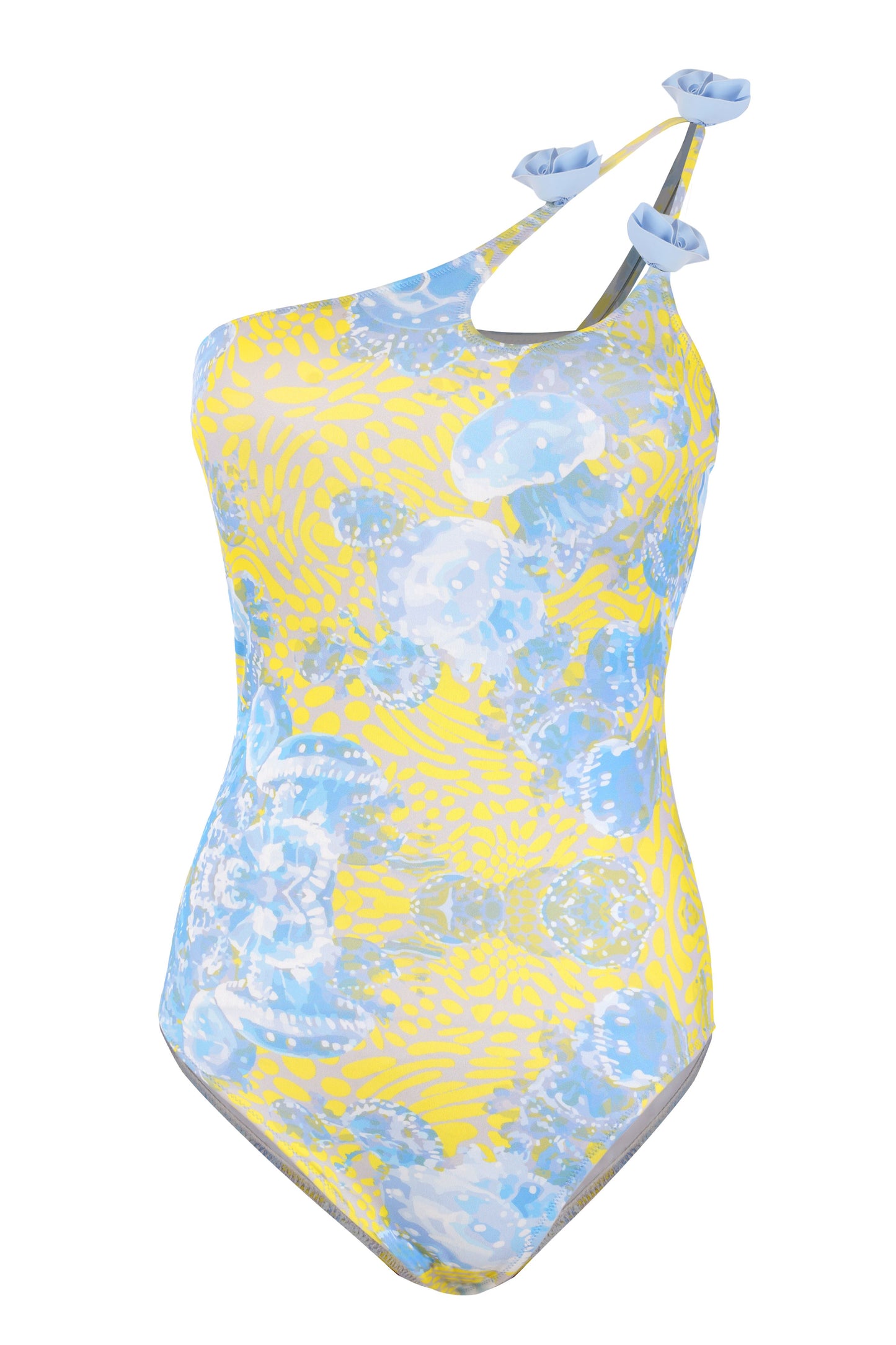 Begarmo monokini for women in yellow and blue print, elegant designer beachwear one piece for stylish summer resort wear