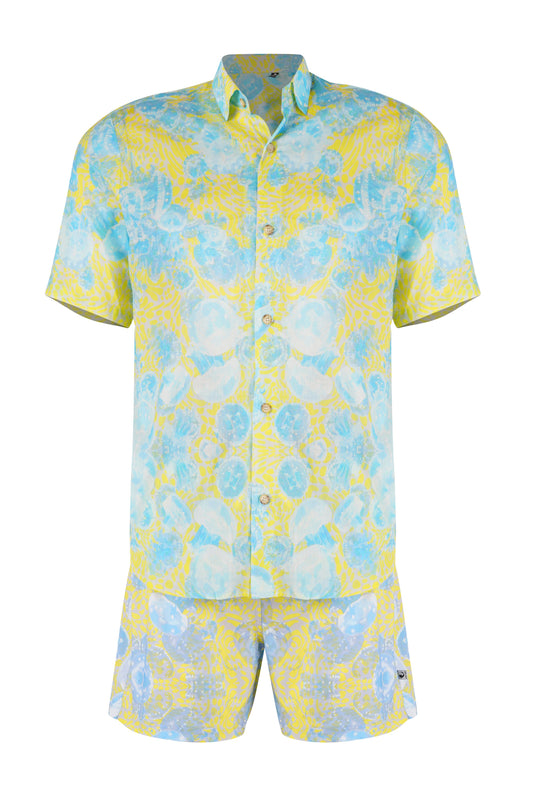 Bergamo summer shirt for boys and men with blue and yellow tropical print, stylish breathable beachwear resort wear shirt
