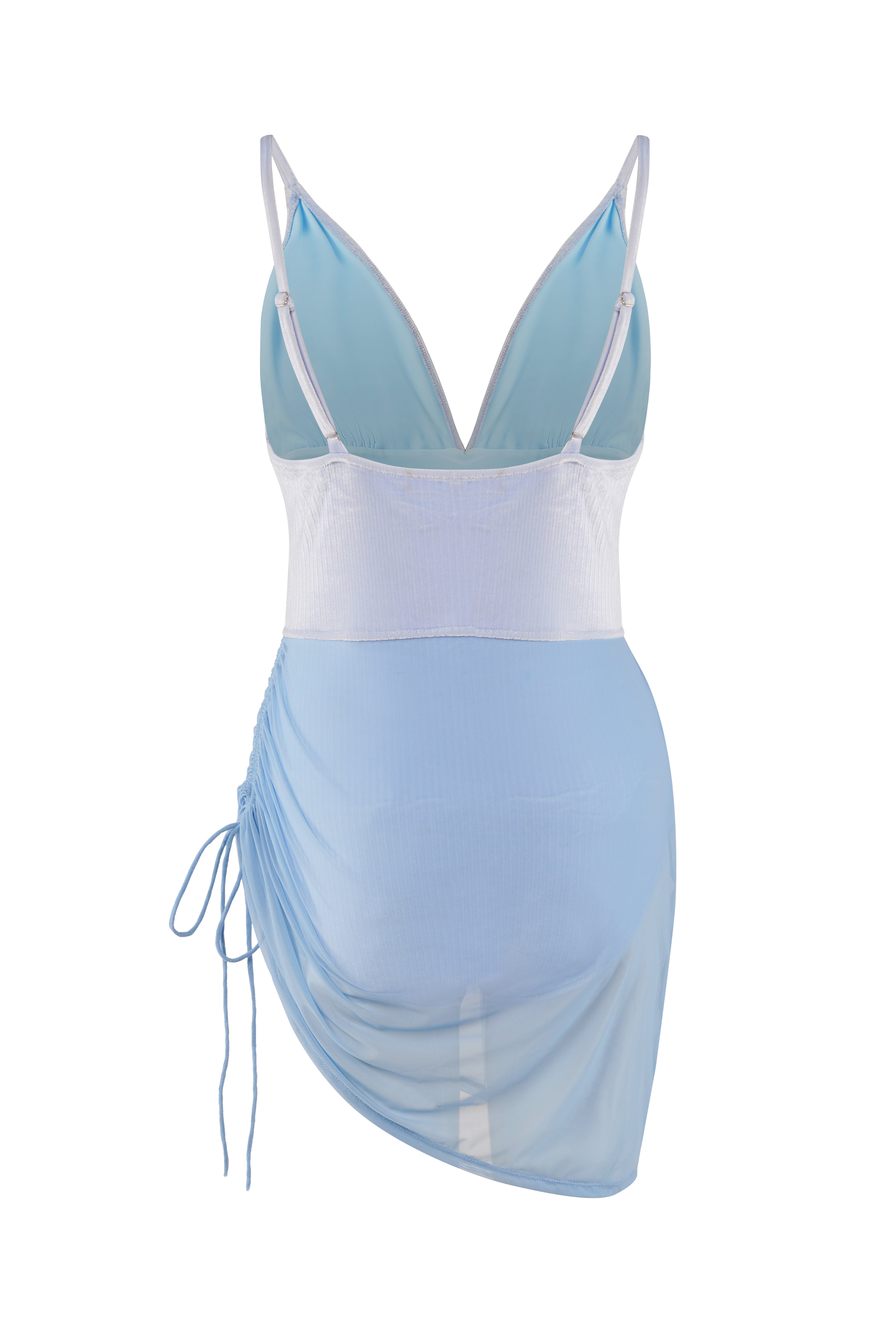 Designer, custom fit Blue Mist Monokini swimsuit in quick-dry velvet fabric, with a V neckline, adjustable straps, side tie design, asymmetric hem, attached mesh skirt & plus sizes. Stylish swimwear for sexy summer looks
