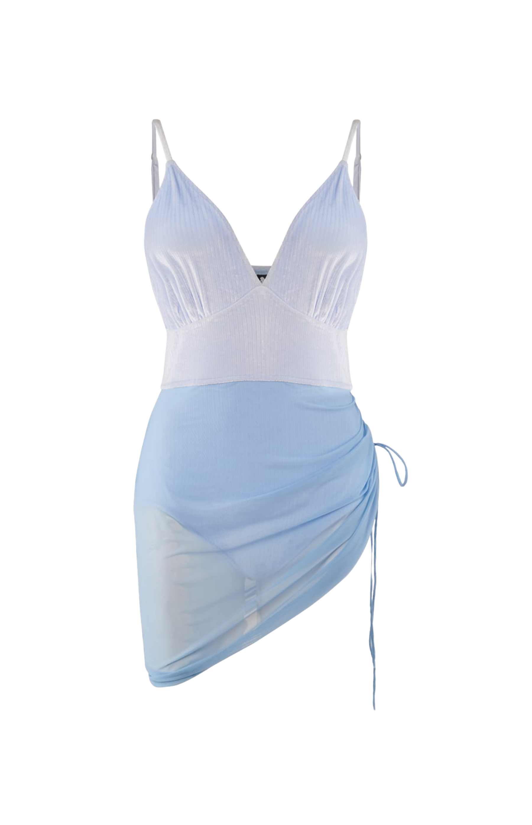 Designer, custom fit Blue Mist Monokini swimsuit in quick-dry velvet fabric, with a V neckline, adjustable straps, side tie design, asymmetric hem, attached mesh skirt & plus sizes. Stylish swimwear for sexy summer looks