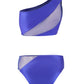 Stylish blue one-shoulder bikini set with asymmetrical mesh detailing, designed for a bold, modern look perfect for beach days, poolside lounging, and resort wear.