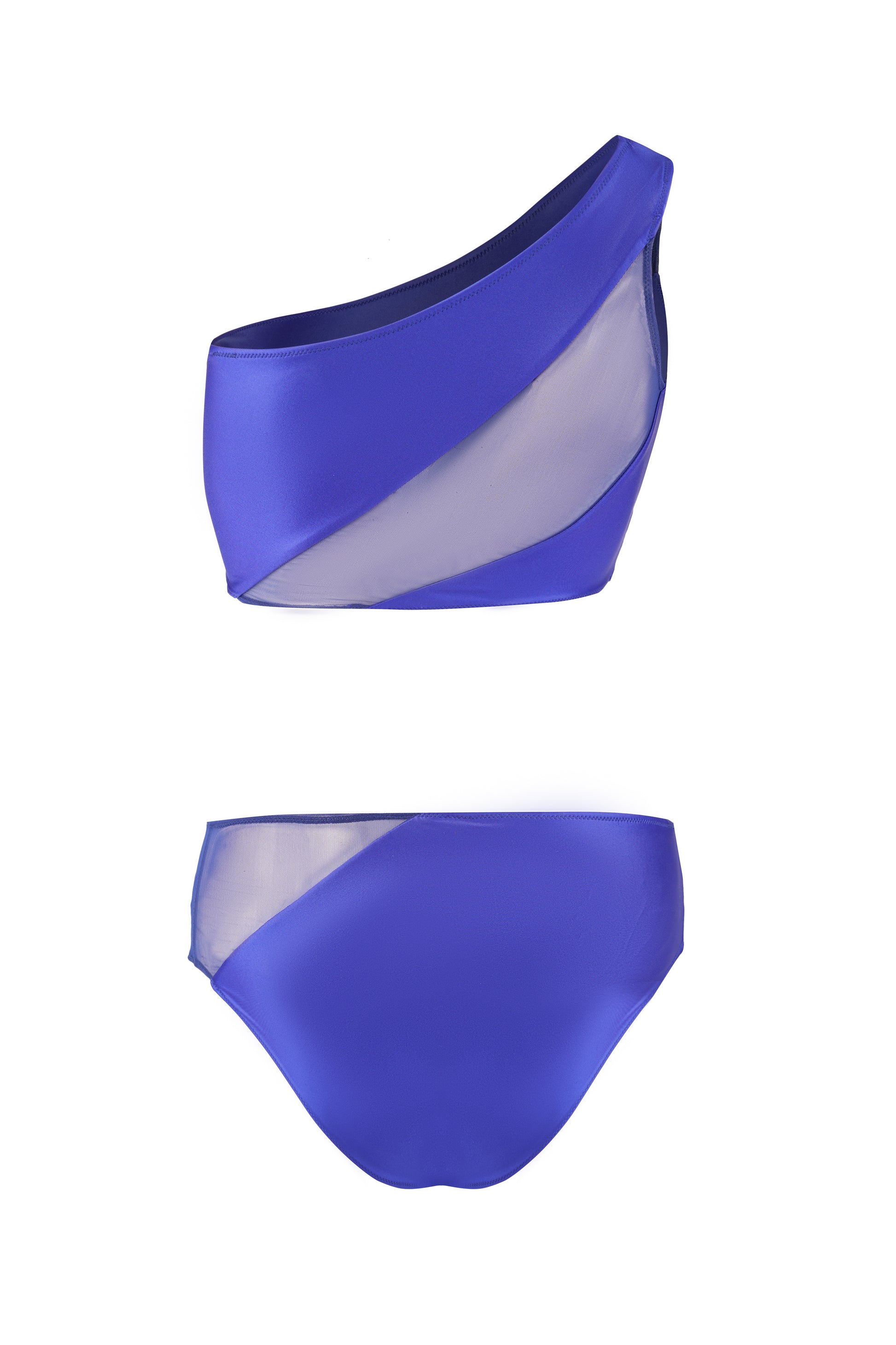Stylish blue one-shoulder bikini set with asymmetrical mesh detailing, designed for a bold, modern look perfect for beach days, poolside lounging, and resort wear.