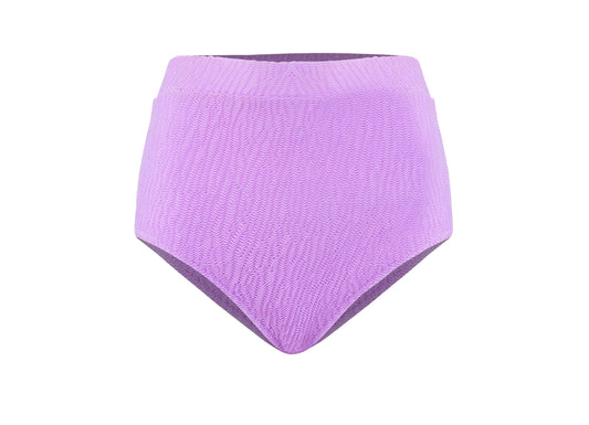 Women’s purple and pink Capri coral high waist bikini bottom with textured fabric and flattering full coverage swimwear design