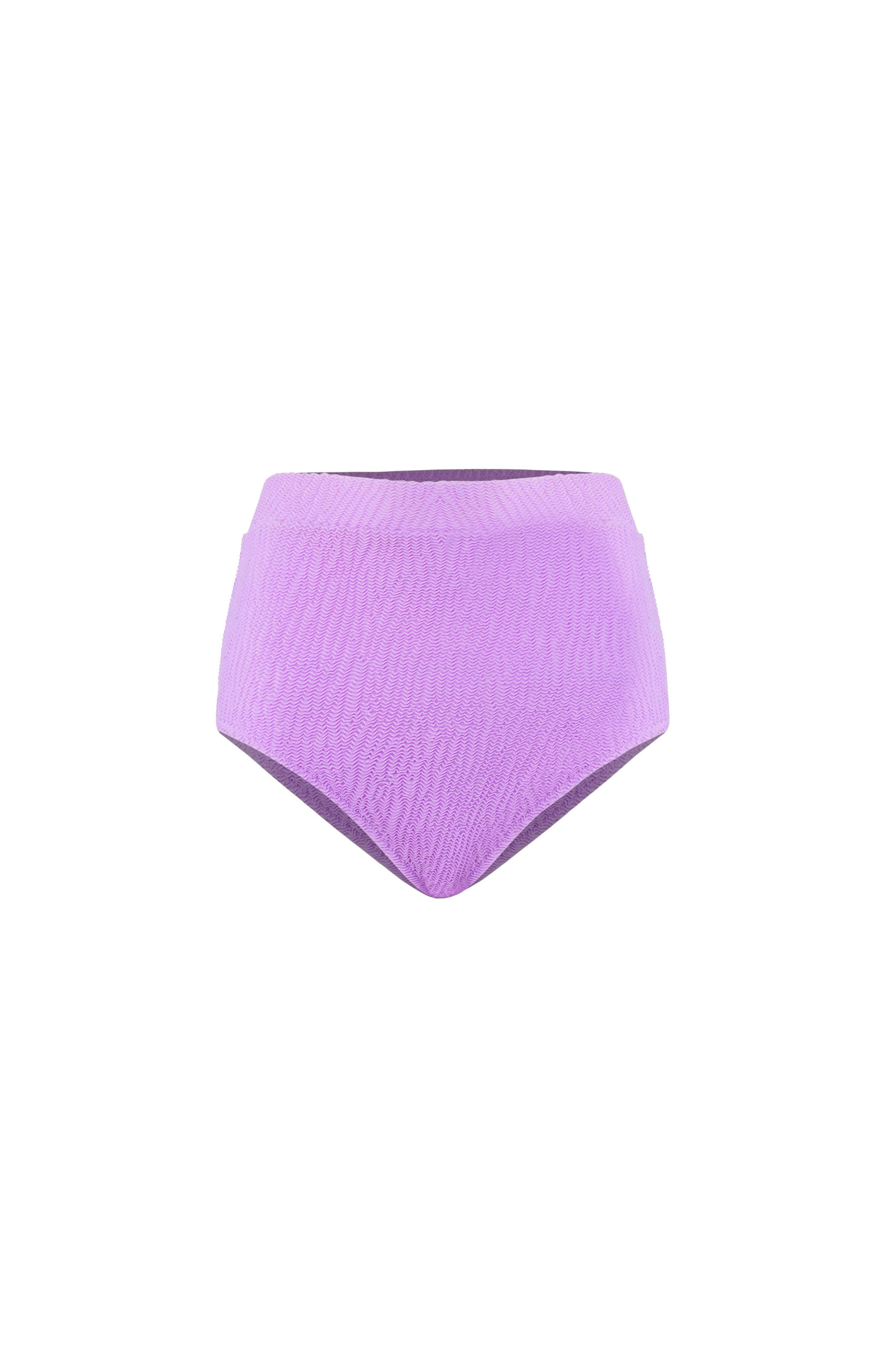 Designer Capri Bikini Bottom for women in purple and pink crinkled fabric, high waist customized fit and plus sizes. Stylish swimwear for sexy summer looks.
