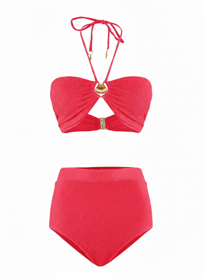 Designer Capri Bikini set for women in  hot pink with halter neck design, high waist bottoms with full butt coverage, sea shell ring and plus sizes. Stylish swimwear for sexy summer looks.