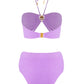 Purple printed bandeau bikini set with ring detail, luxury designer swimwear for stylish and comfortable beach wear.