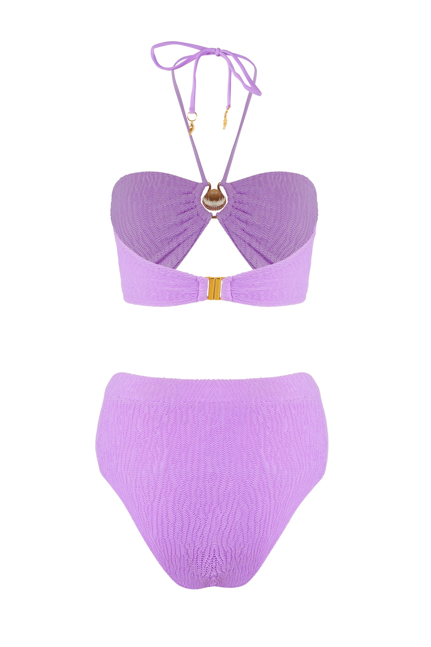 Purple printed bandeau bikini set with ring detail, luxury designer swimwear for stylish and comfortable beach wear.