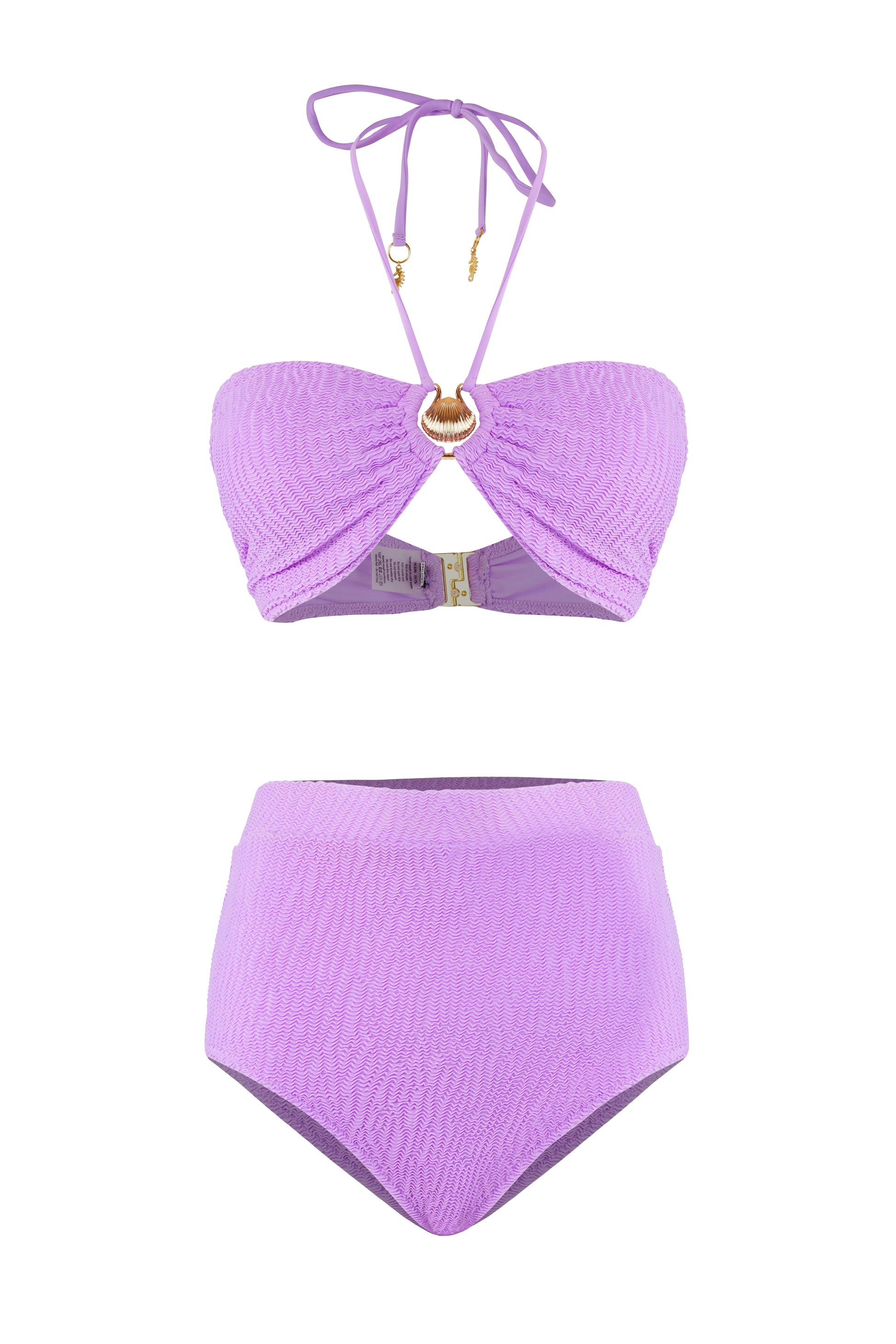 Purple printed bandeau bikini set with ring detail, luxury designer swimwear for stylish and comfortable beach wear