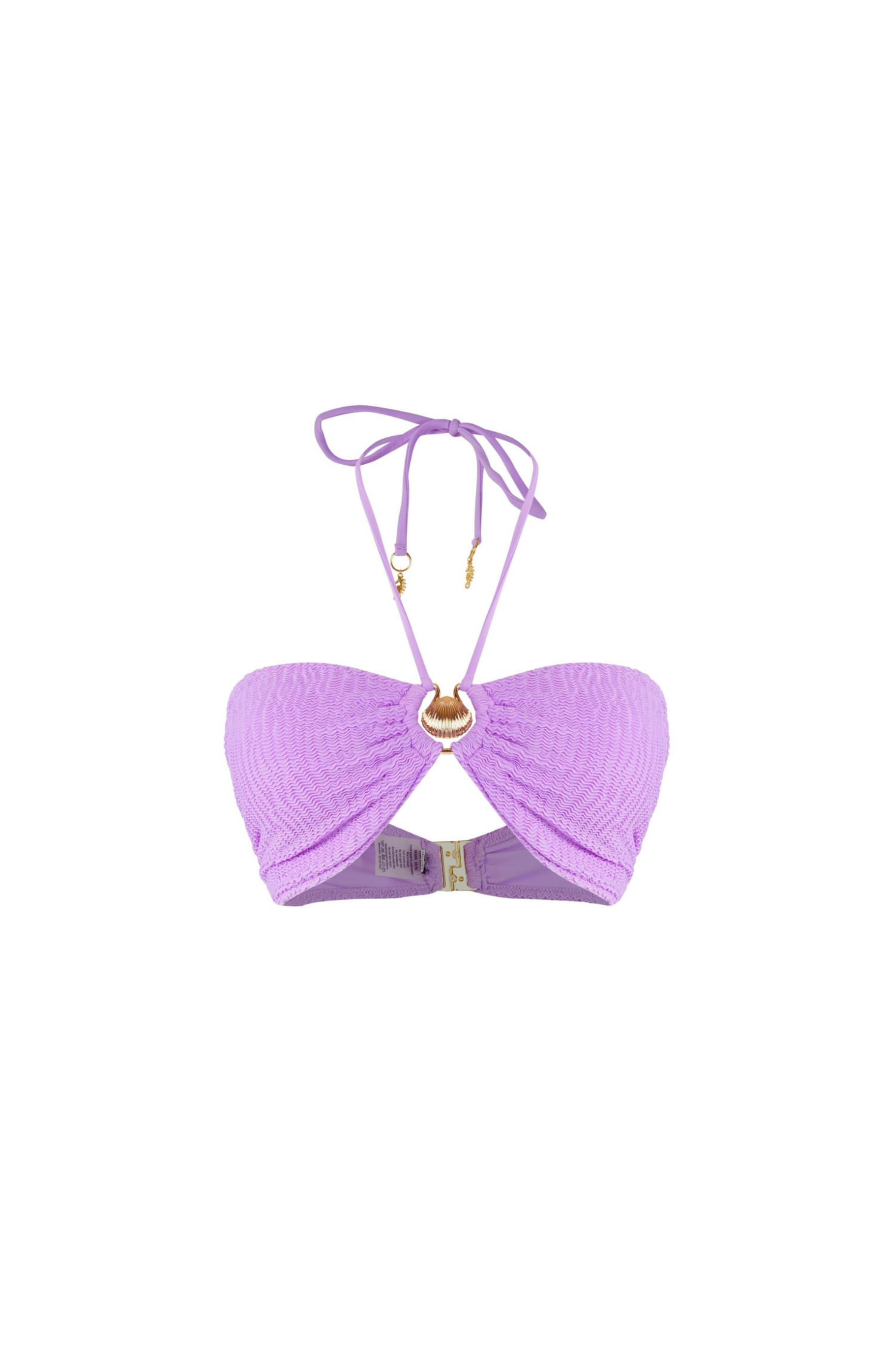 Designer Capri Bikini bandeau Top for women in purple and pink crinkled fabric, halter neck ties, removable cups, underwire, custom fit and plus sizes. Stylish swimwear for sexy summer looks.
