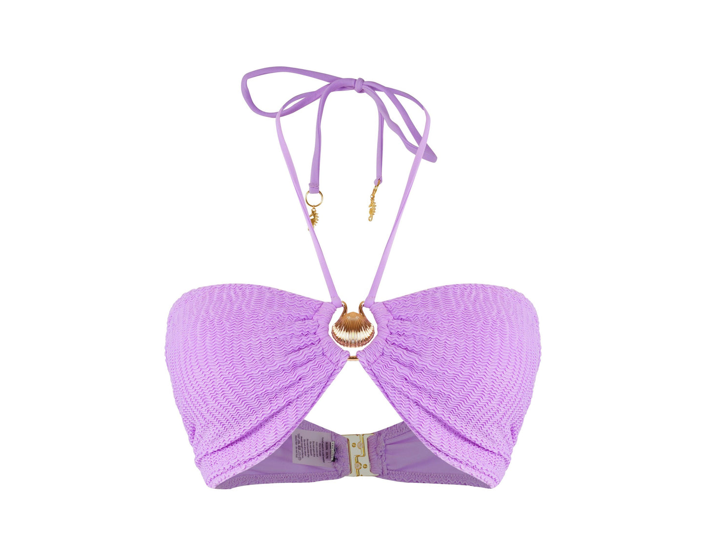 Women’s Capri pink and purple coral bandeau bikini top with textured fabric gold shell detail and adjustable halter tie straps