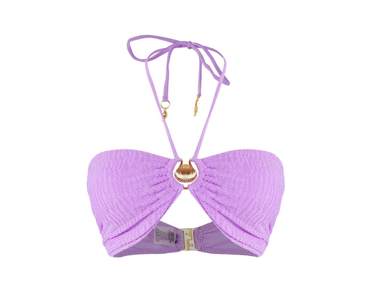 Women’s Capri pink and purple coral bandeau bikini top with textured fabric gold shell detail and adjustable halter tie straps