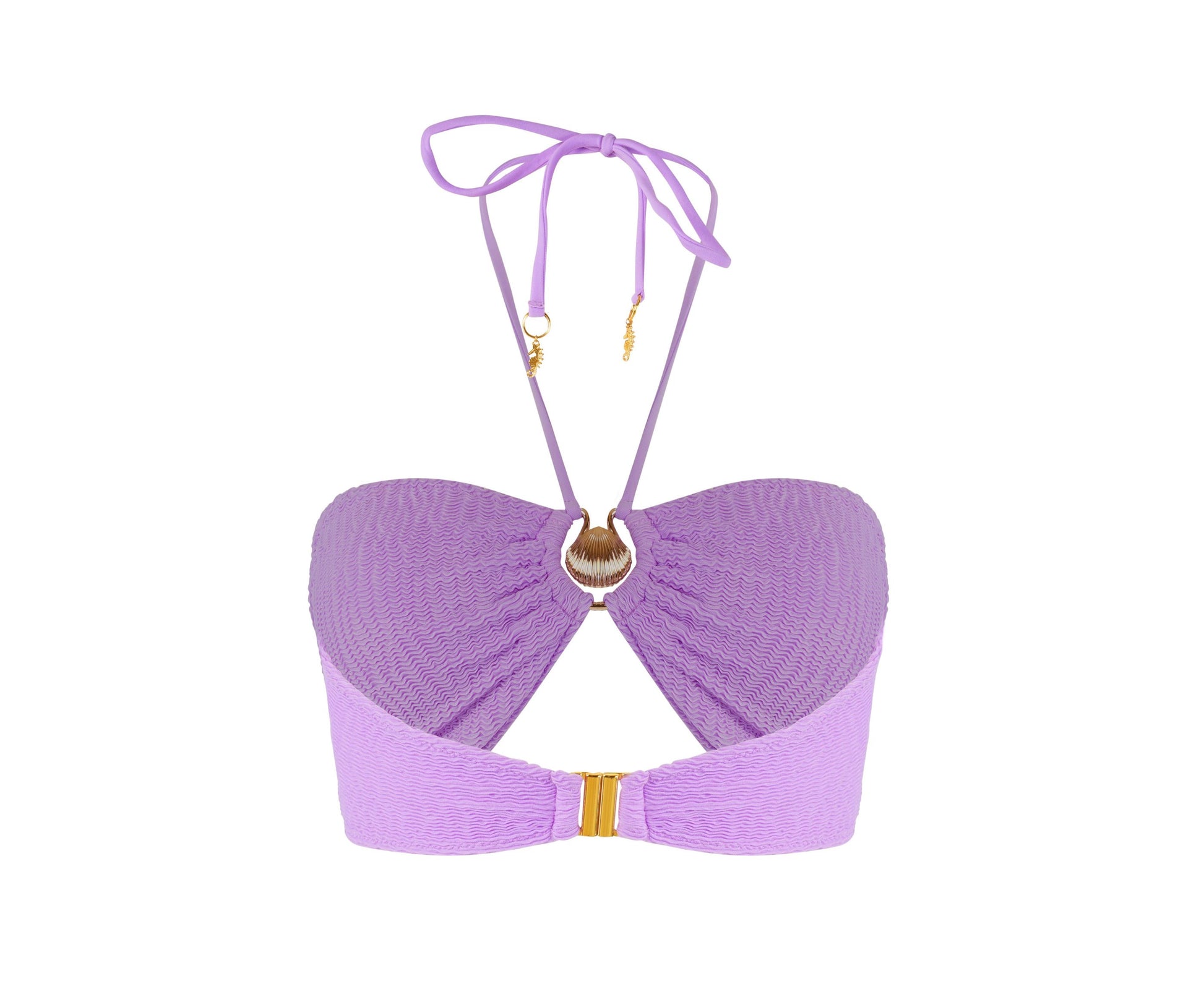 Women’s Capri pink and purple coral bandeau bikini top with textured fabric gold shell detail and adjustable halter tie straps