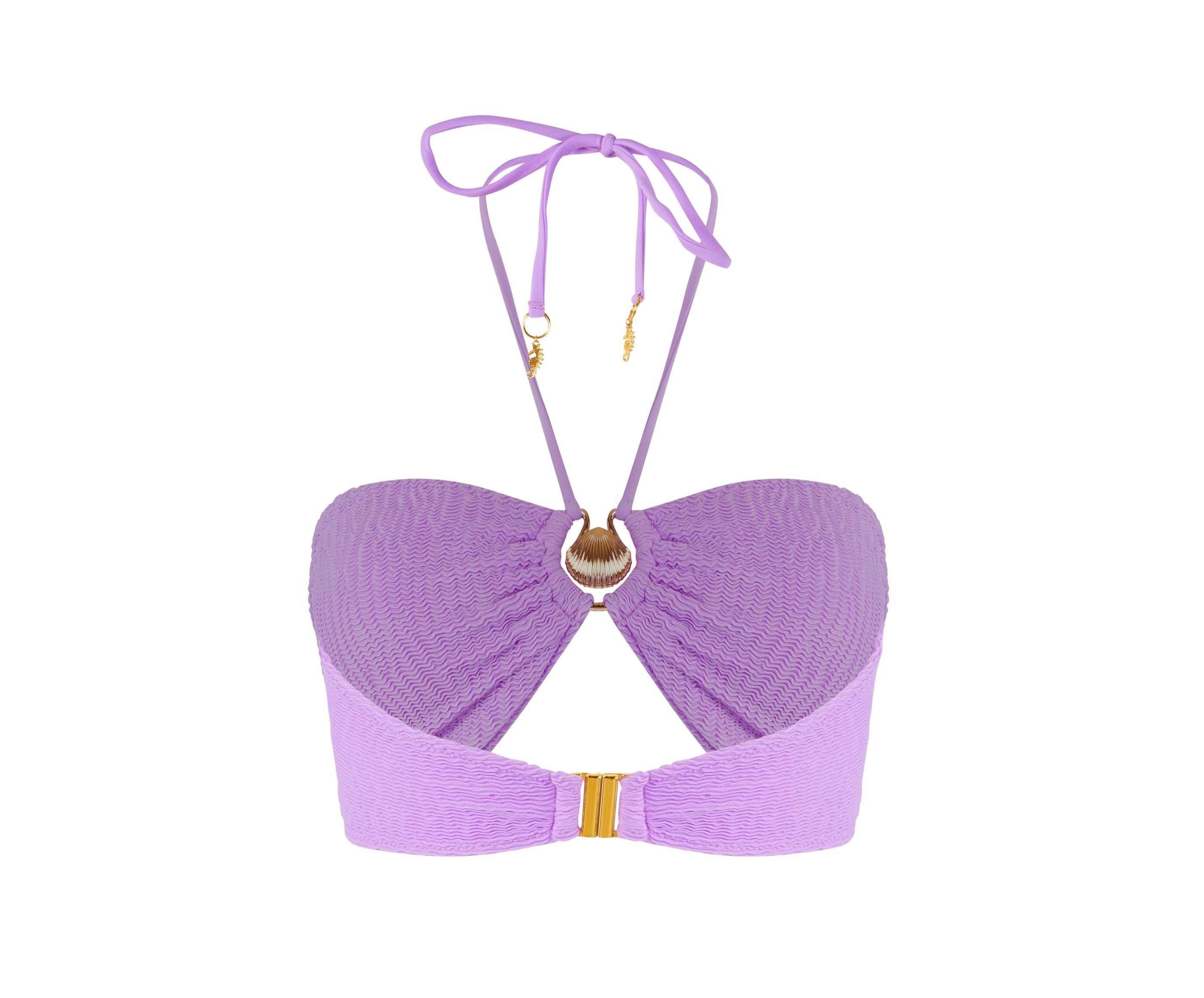 Designer Capri Bikini bandeau Top for women in purple and pink crinkled fabric, halter neck ties, removable cups, underwire, custom fit and plus sizes. Stylish swimwear for sexy summer looks.