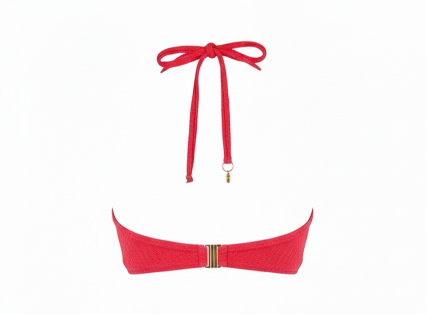 Designer Capri Bikini bandeau Top for women in hot pink crinkled fabric, halter neck ties, removable cups, underwire, custom fit and plus sizes. Stylish swimwear for sexy summer looks.