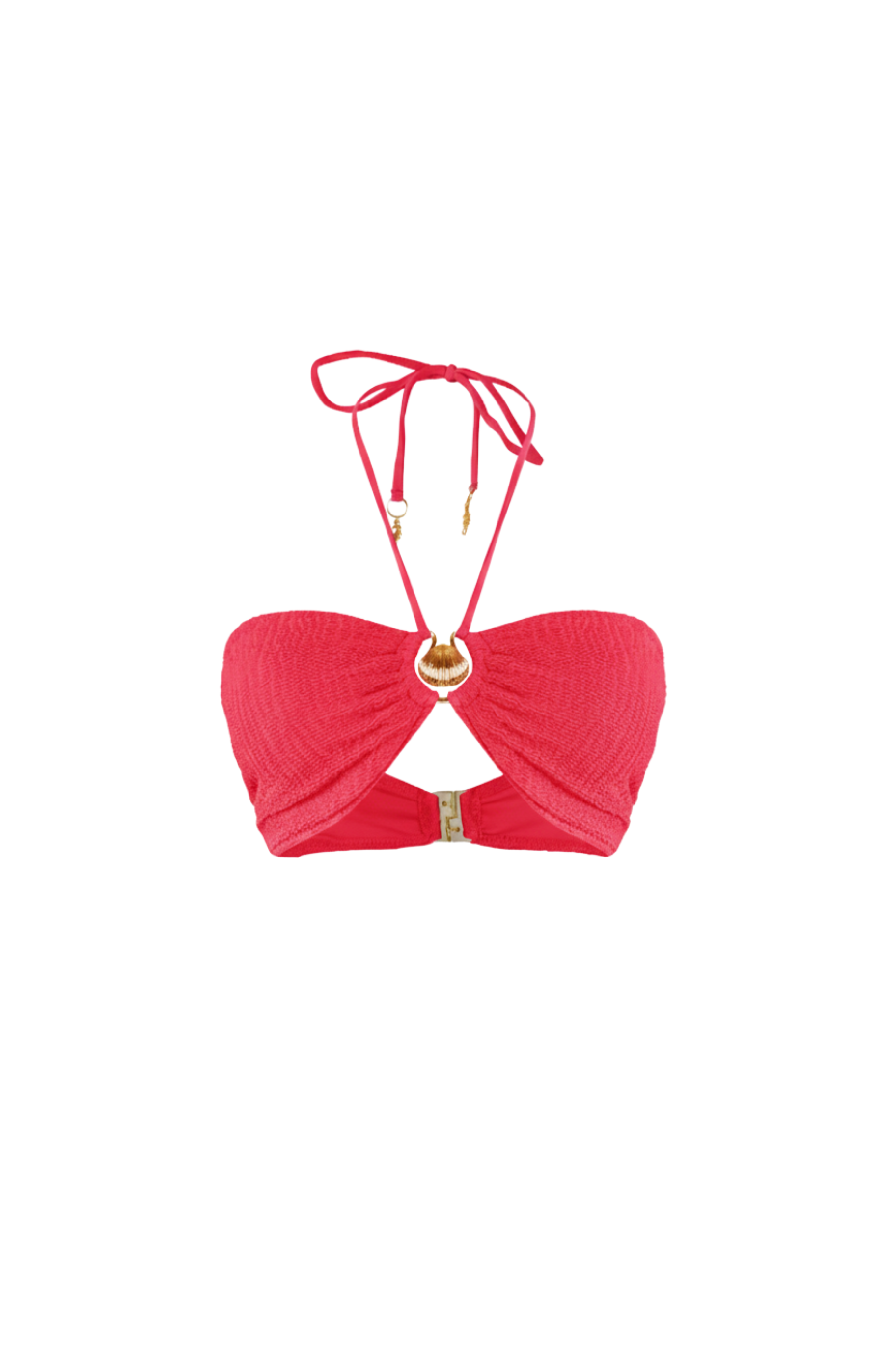 Designer Capri Bikini bandeau Top for women in hot pink crinkled fabric, halter neck ties, removable cups, underwire, custom fit and plus sizes. Stylish swimwear for sexy summer looks.