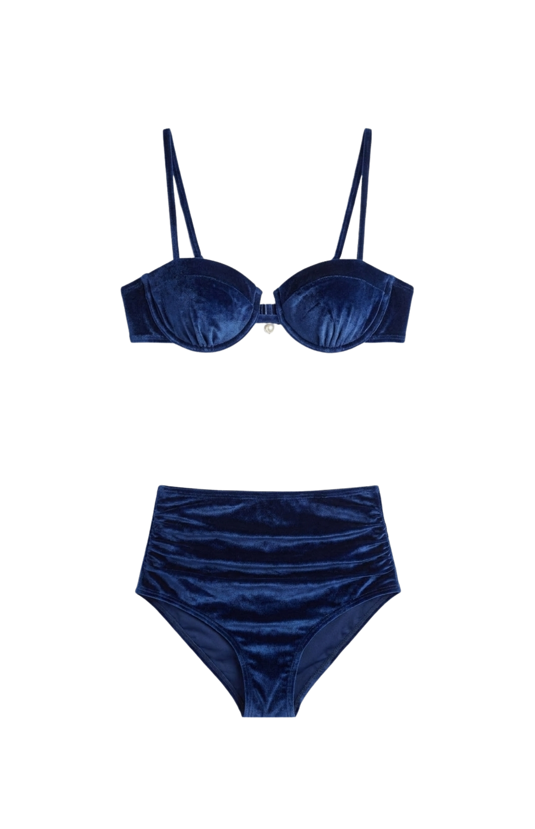 Designer, custom fit Celestial Dive Bikini Set for women in blue and orange quick-dry velvet fabric with underwire, adjustable straps, high-waist bottom and plus sizes.