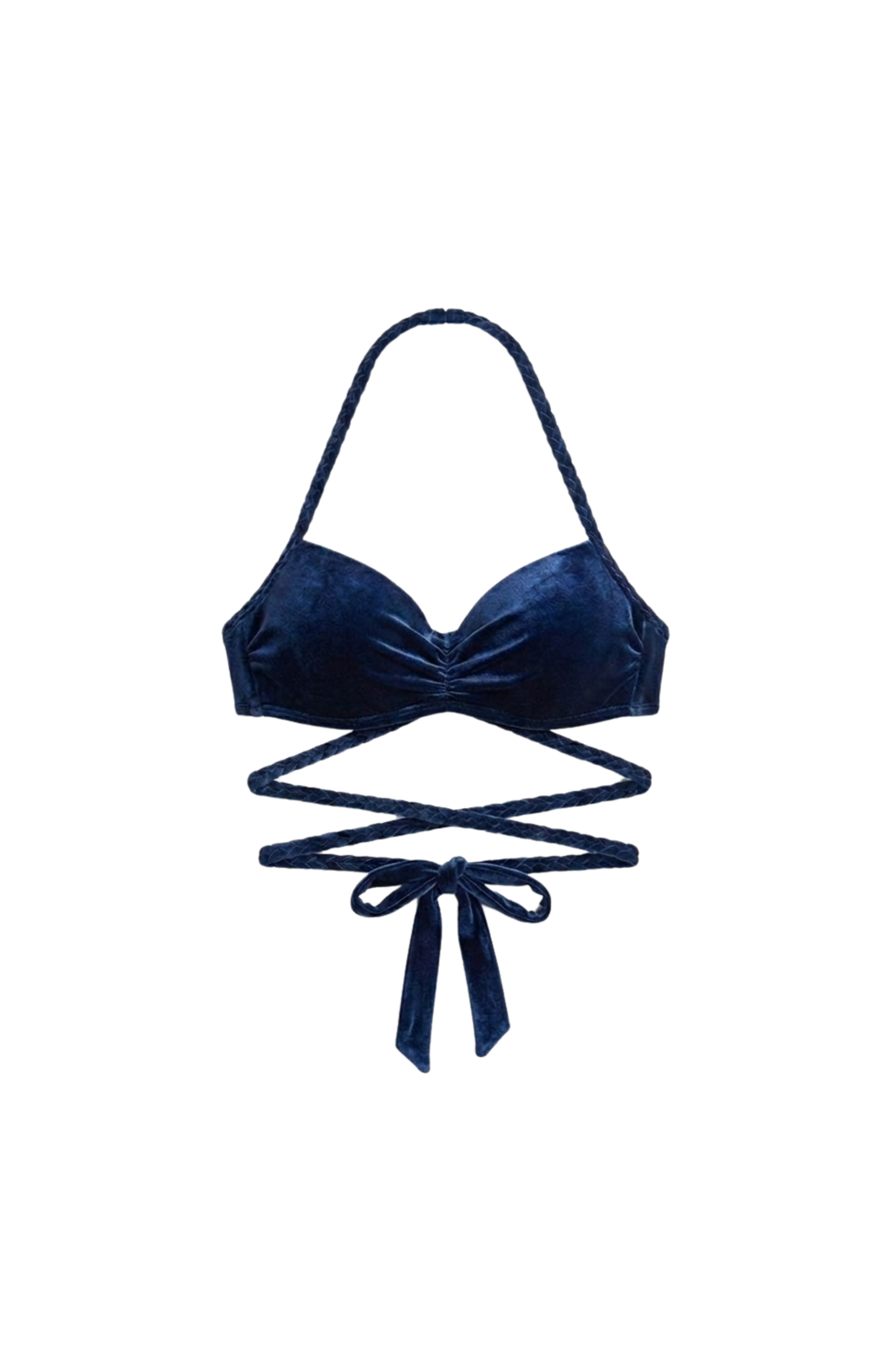Designer, custom fit navy blue and purple velvet Daydream Bikini Top for women with braided halter straps, ruched design, UV protection, removable cups and plus sizes.