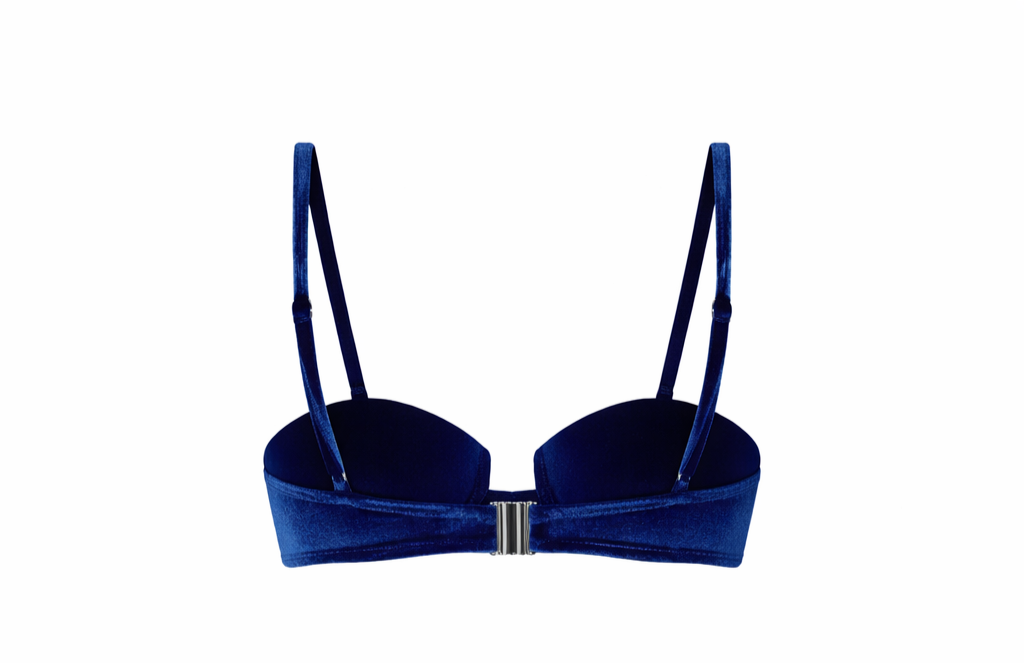 Designer, custom fit Celestial Dive Bikini Top for women in blue and orange quick-dry velvet fabric with underwire, adjustable straps and plus sizes. Stylish swimwear for sexy beach and summer outing looks.
