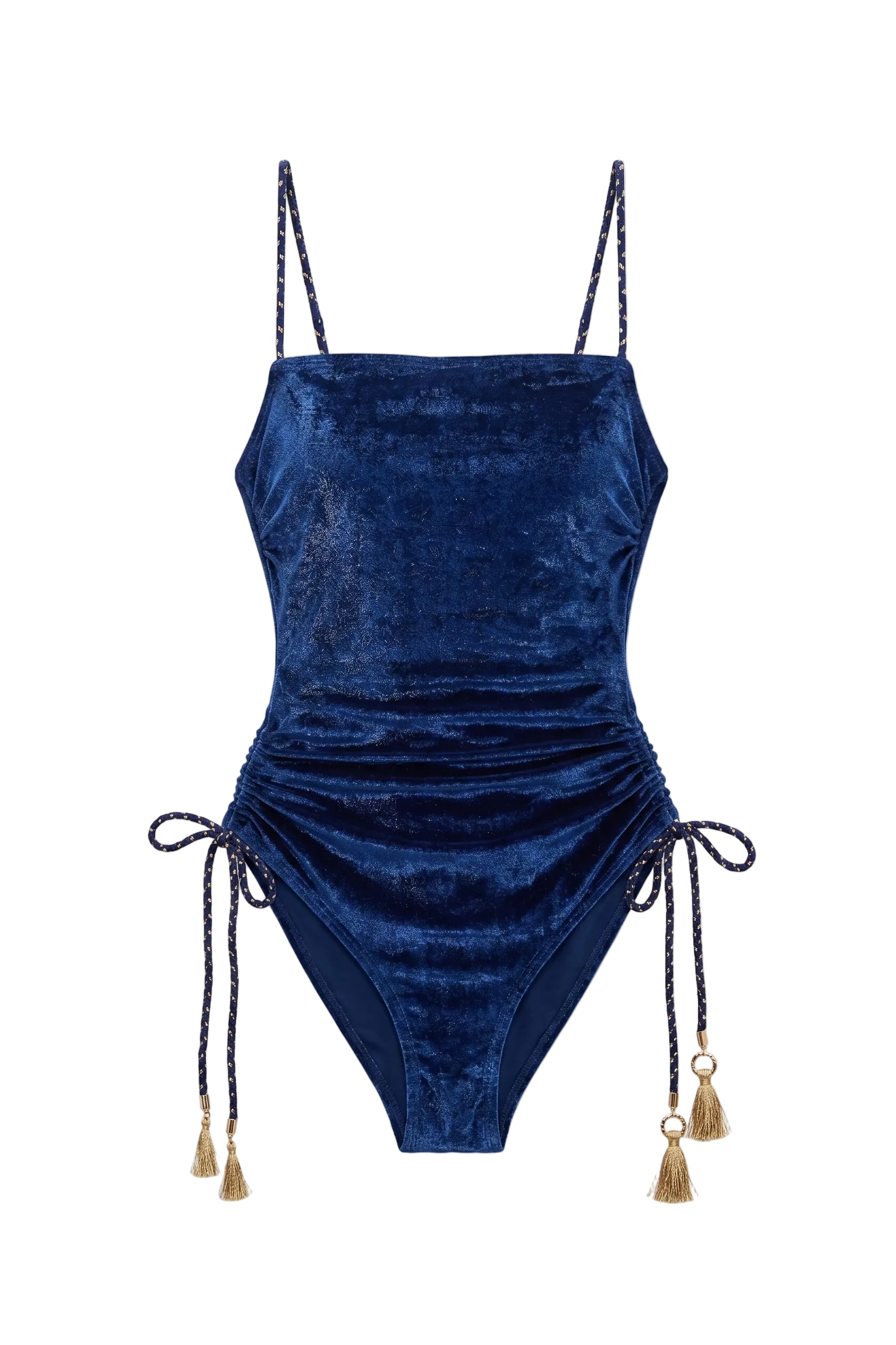 Designer, stylish Celestial Dive Monokini swimsuit for women in blue and orange quick-dry velvet fabric with adjustable lace-up design, gold tassels,  SPF 50 UV protection, customized fit and plus sizes.